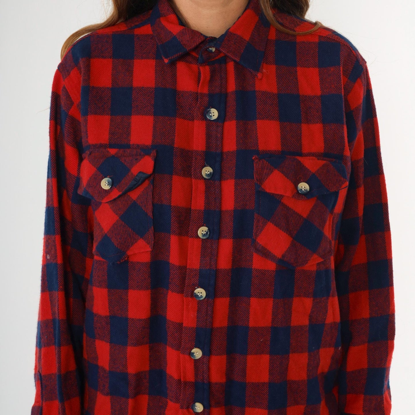 80s Buffalo Plaid Flannel Shirt Navy Red Men's Large Button Up Long Sleeve