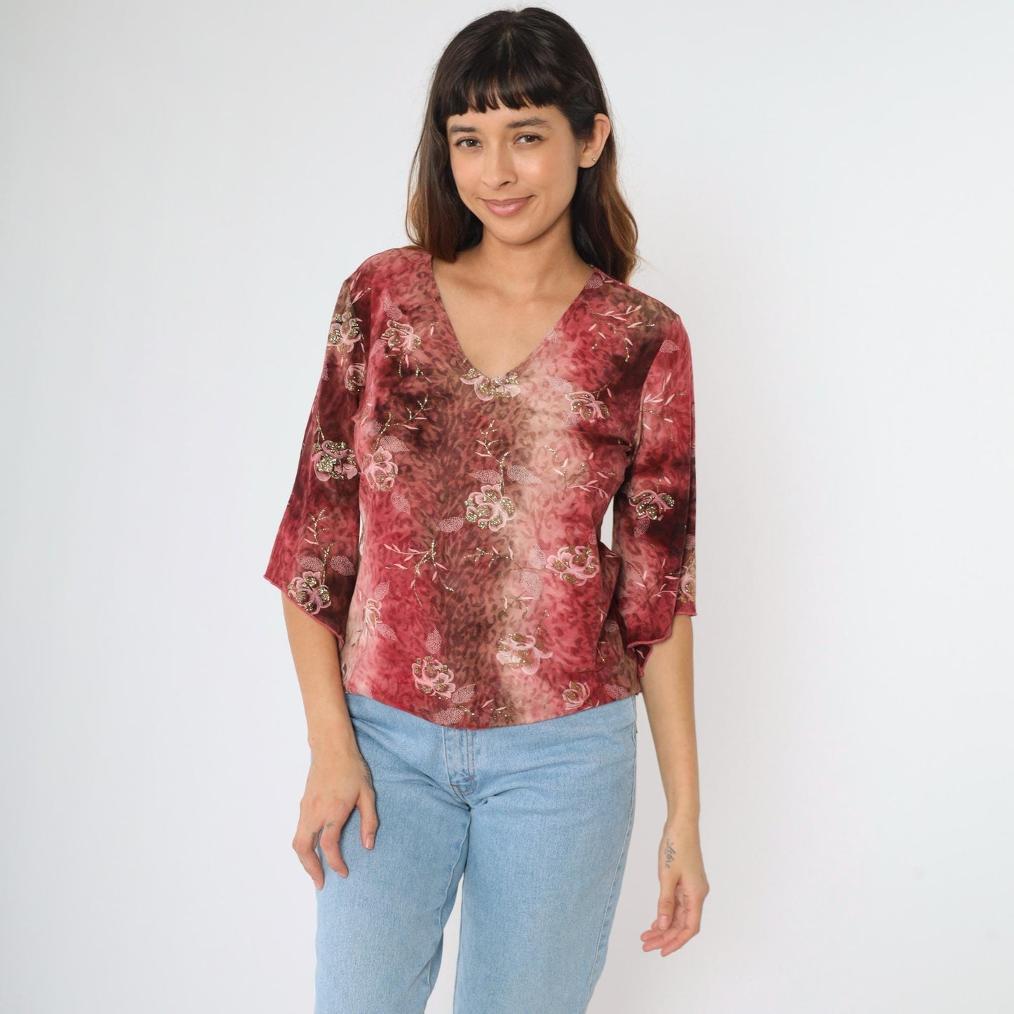 Y2K Bell Sleeve Blouse Floral Metallic Leopard Print Pink Brown Medium M