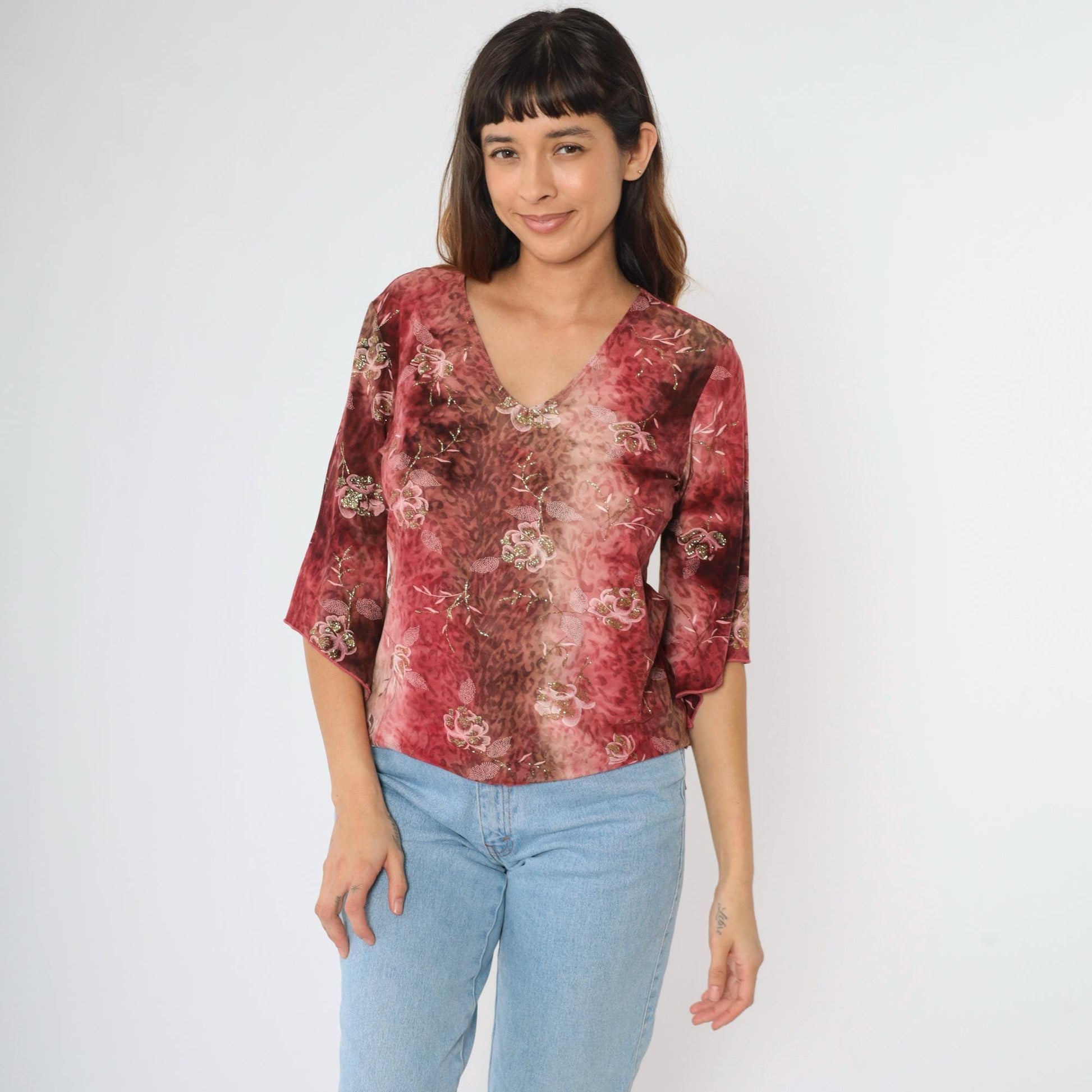 Y2K Bell Sleeve Blouse Floral Metallic Leopard Print Pink Brown Medium M