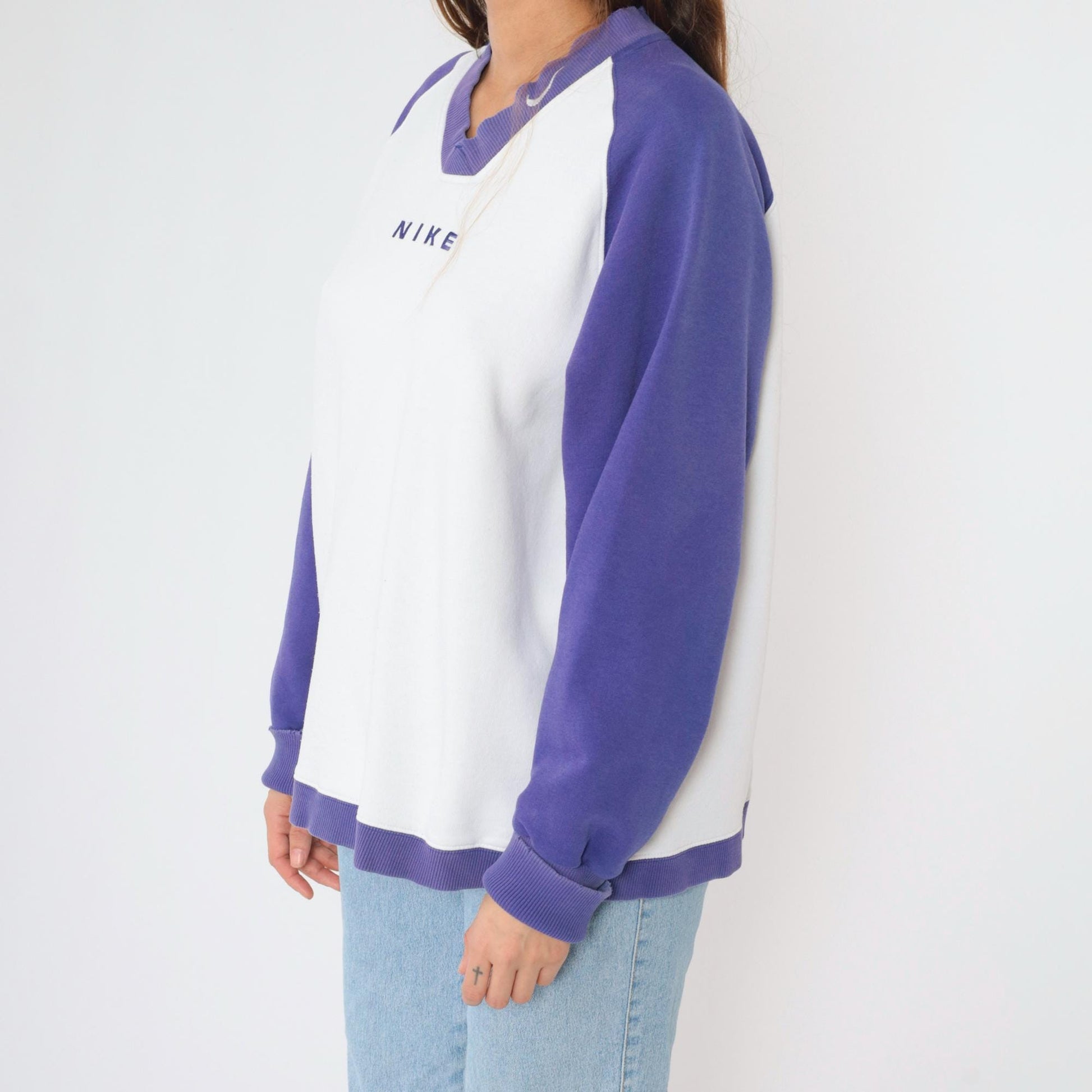 90s Nike V-Neck Sweatshirt Purple White Colour Block Raglan Large