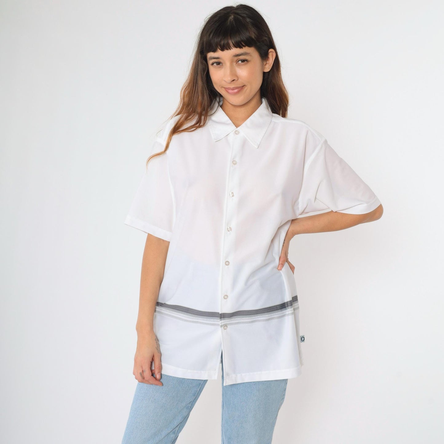 00s Striped Button-Up Shirt White Grey Y2K Short Sleeve Large L