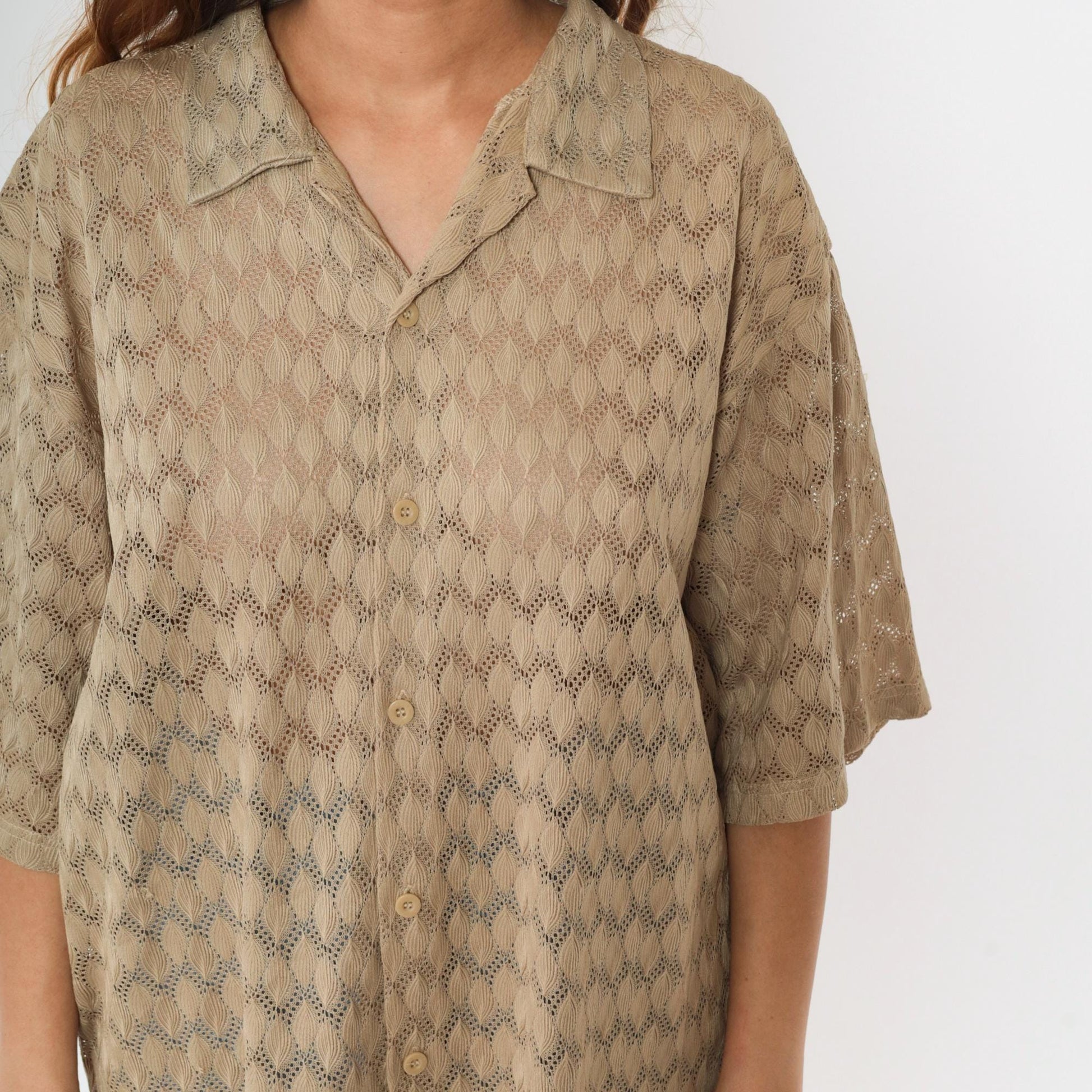Y2K Sheer Lace Knit Button-Up Shirt Beige Men's Extra Large XL