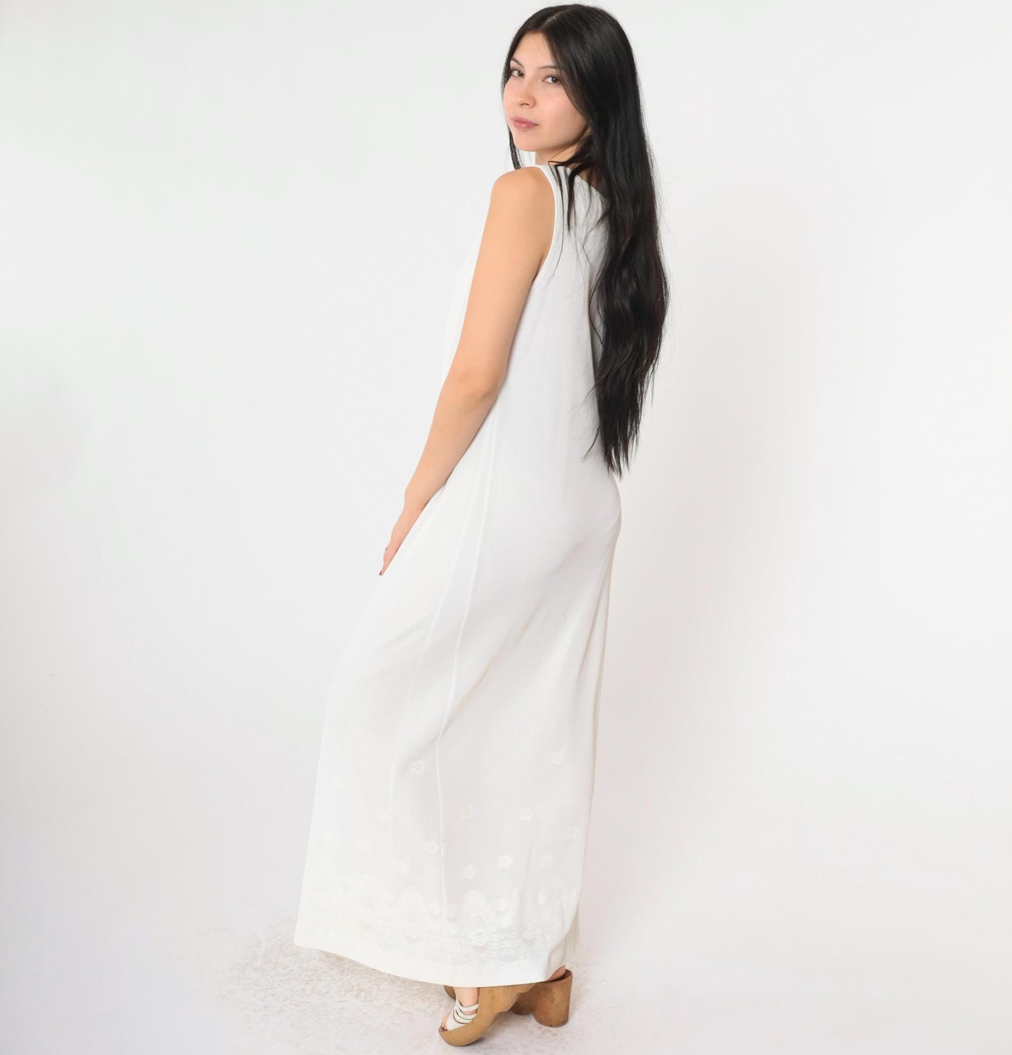 90s White Mesh Floral Lace Maxi Dress Sleeveless Scoop Neck Small