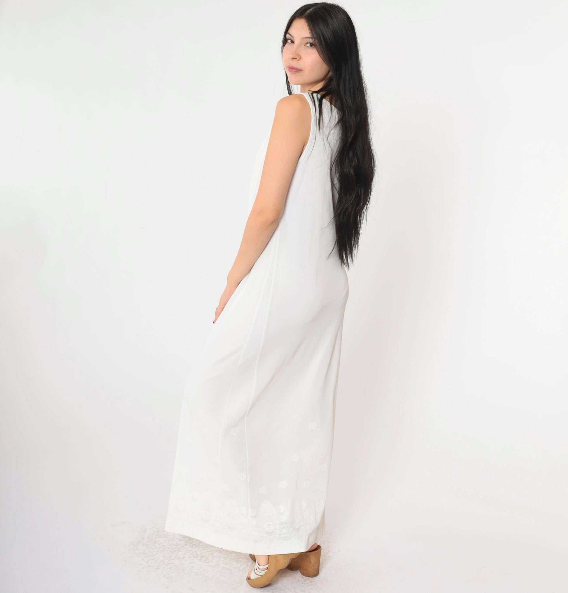 90s White Mesh Floral Lace Maxi Dress Sleeveless Scoop Neck Small