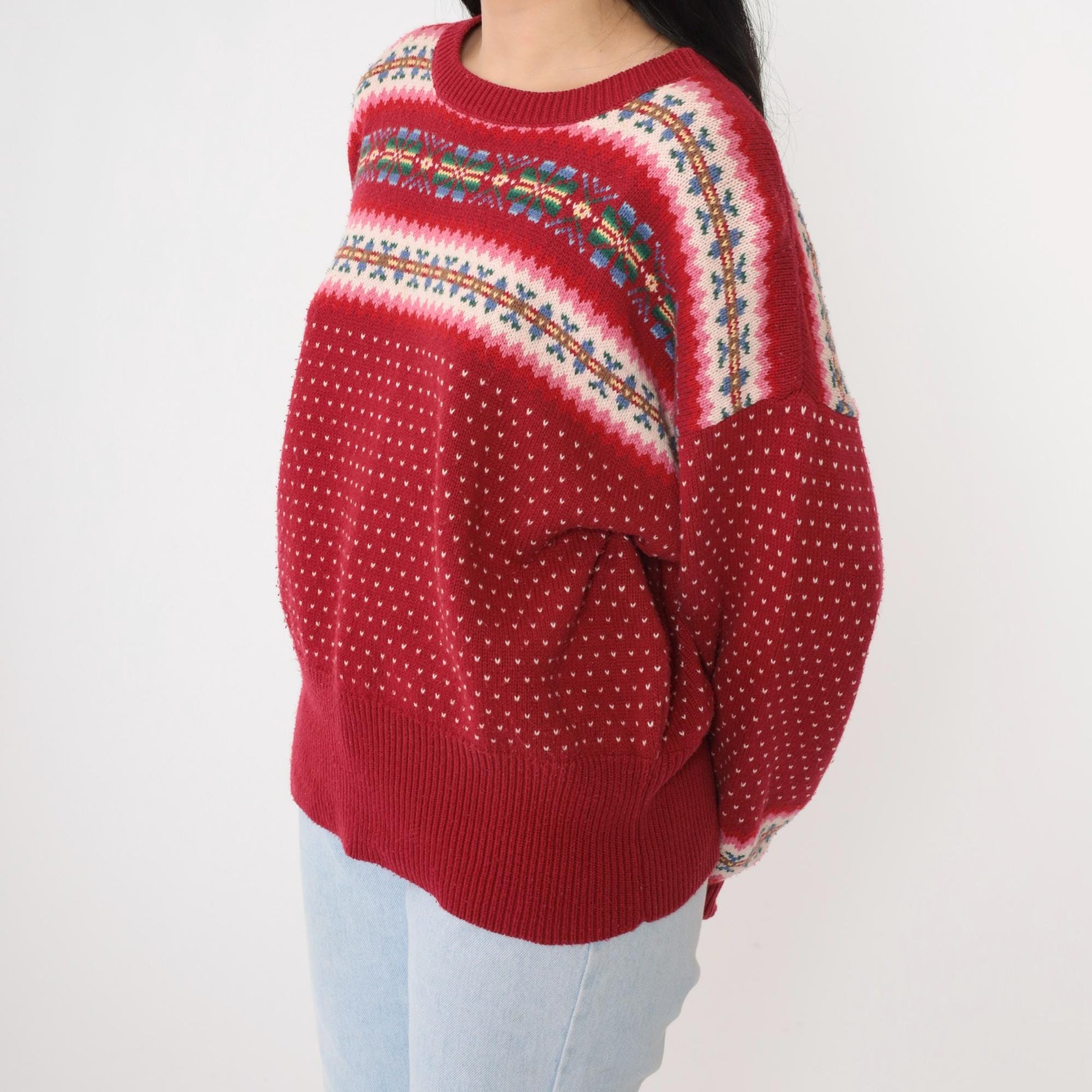 90s Susan Bristol Fair Isle Sweater Striped Snowflake Knit Medium