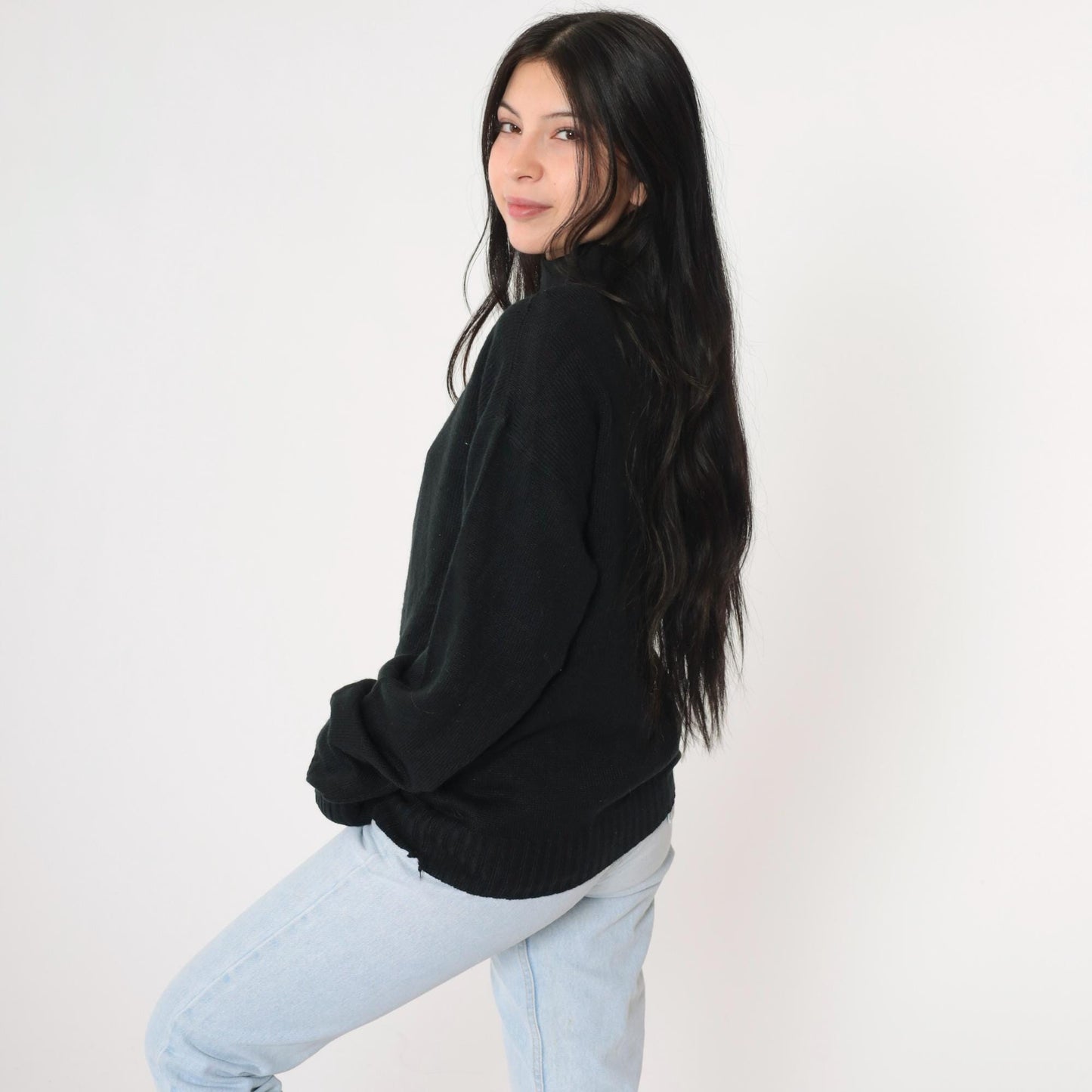80s Black Knit Mock Neck Pullover Sweater Medium