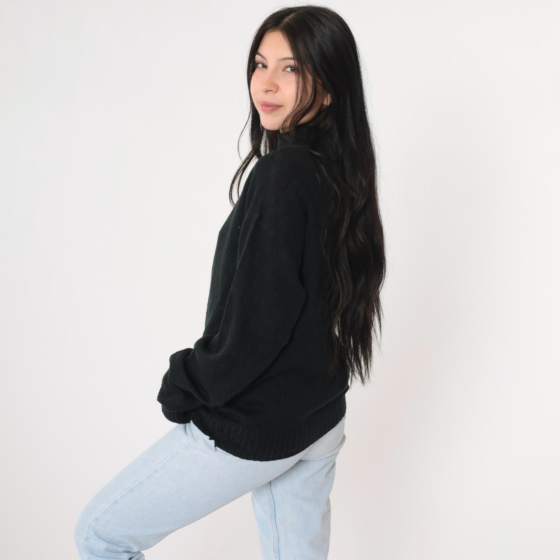 80s Black Knit Mock Neck Pullover Sweater Medium