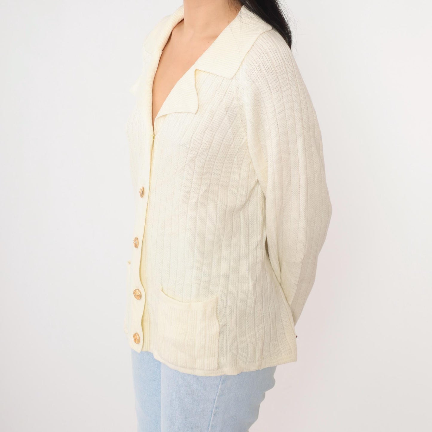 80s Ms. Casuals Cream Acrylic Cardigan Gold Eagle Buttons Medium