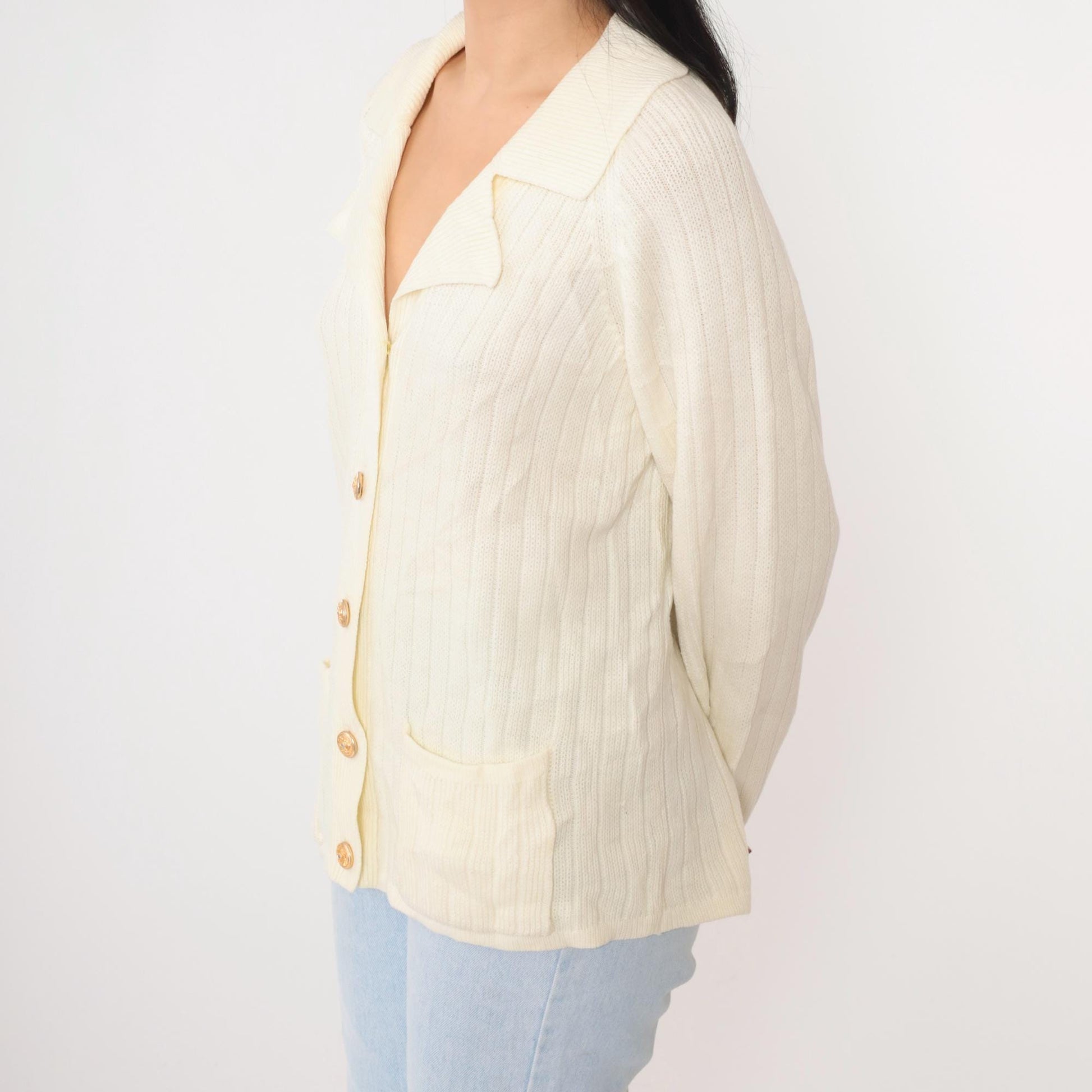 80s Ms. Casuals Cream Acrylic Cardigan Gold Eagle Buttons Medium