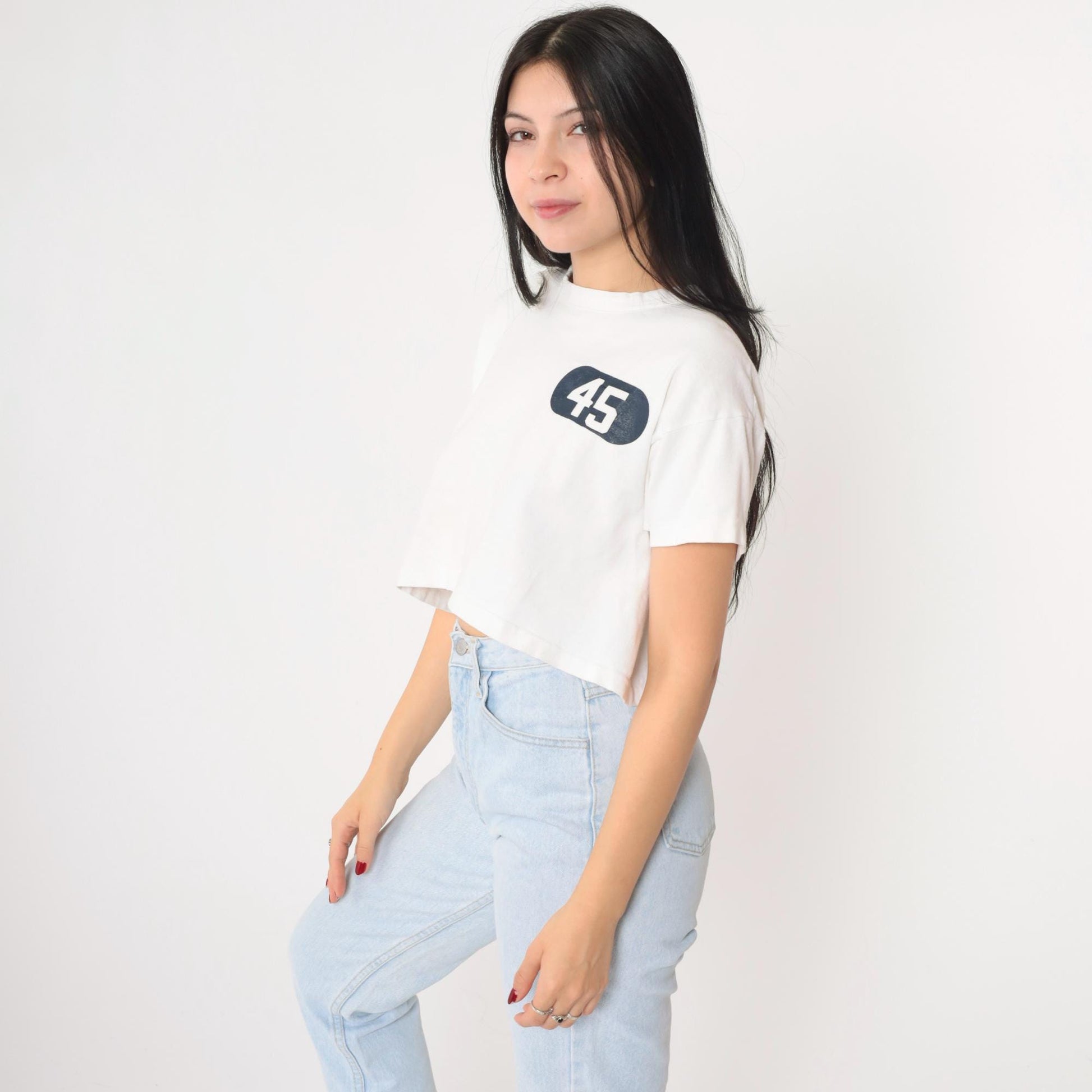 80s Champion Athletic Crop Top Number 45 White Cotton Medium