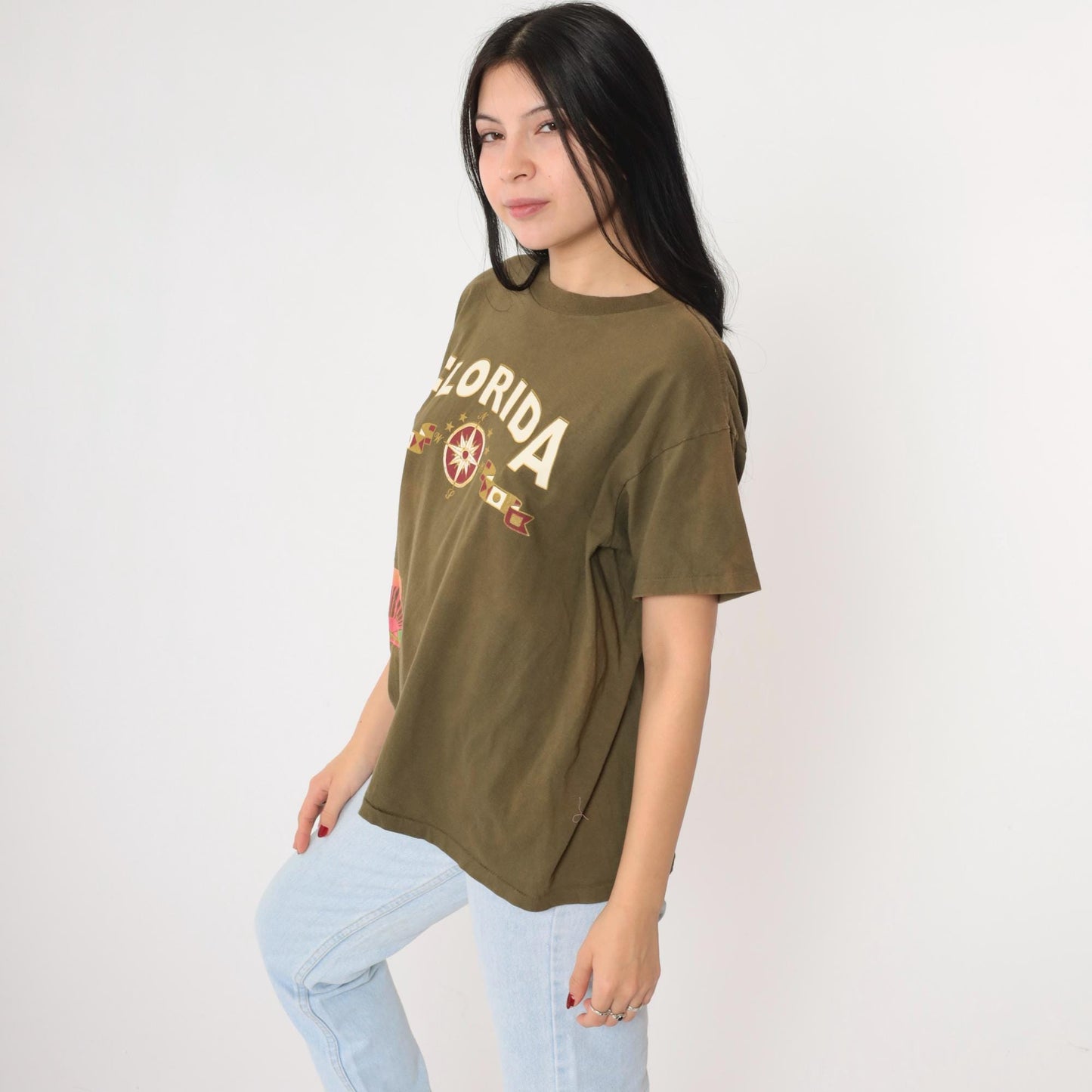 90s Florida Shell Compass Graphic T-Shirt Olive Green Tourist Tee Large L