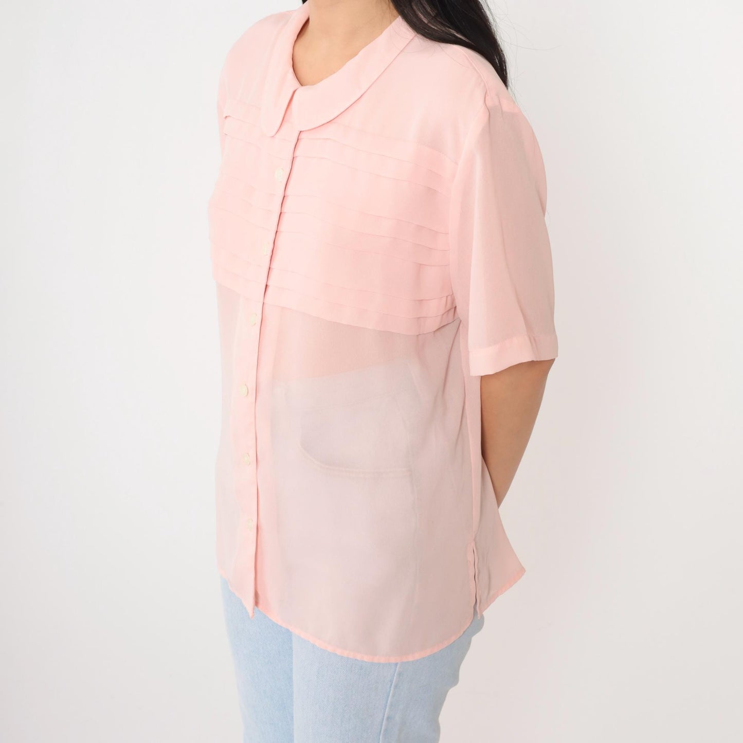 80s Chaus Baby Pink Chiffon Blouse Peter Pan Collar Pleated Short Sleeve Large