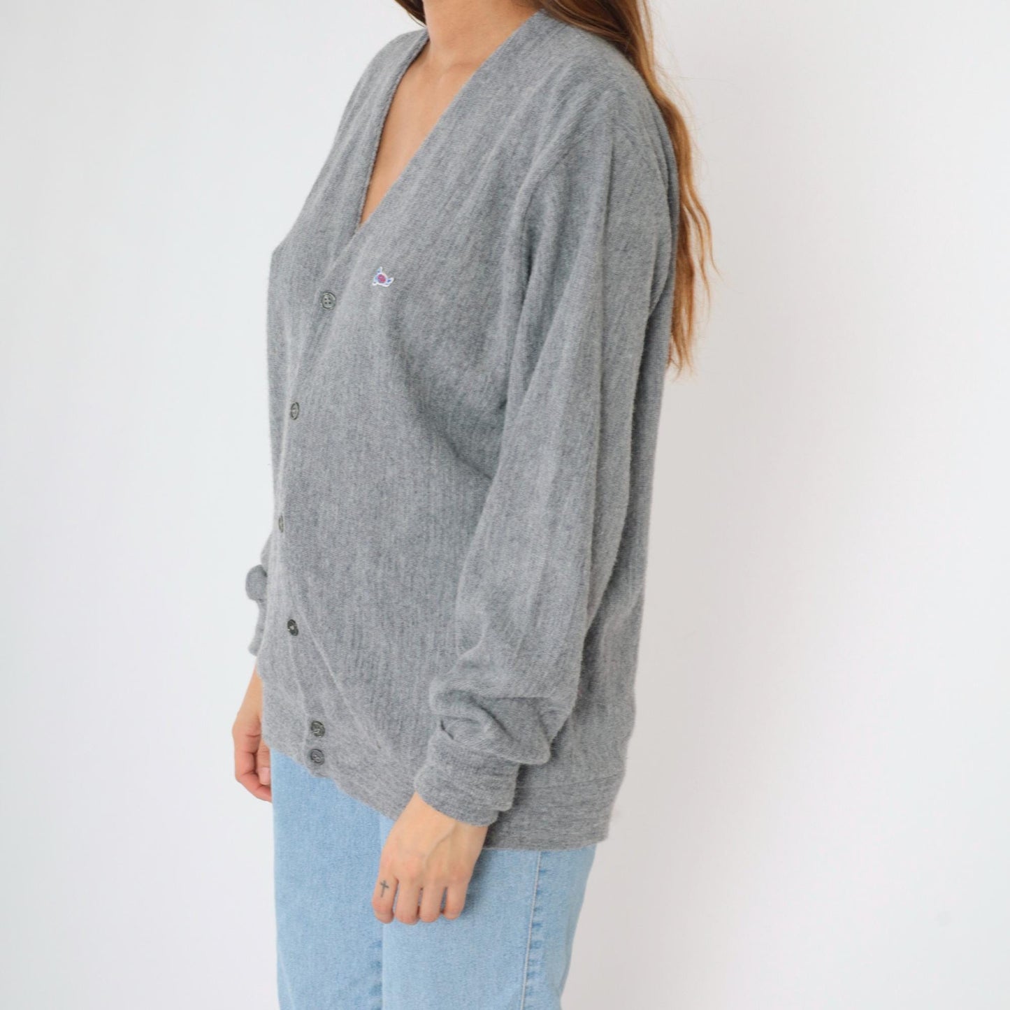 80s The Turtle Sweater Grey Cardigan V-Neck Button-Up Large