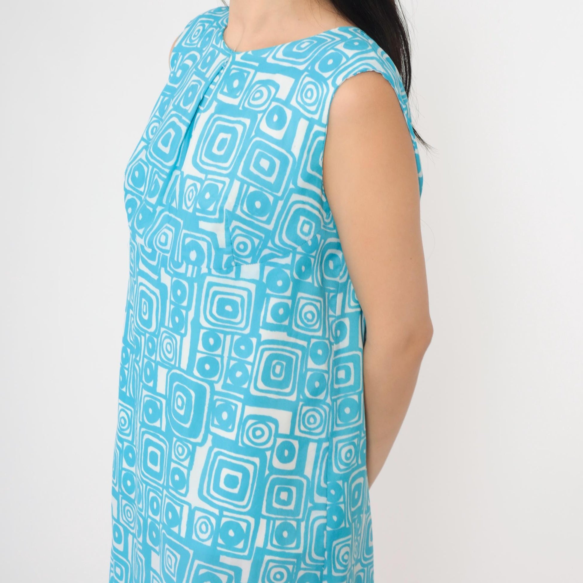 60s Mod Shift Dress Blue Geometric Print Sleeveless Knee-Length Large L