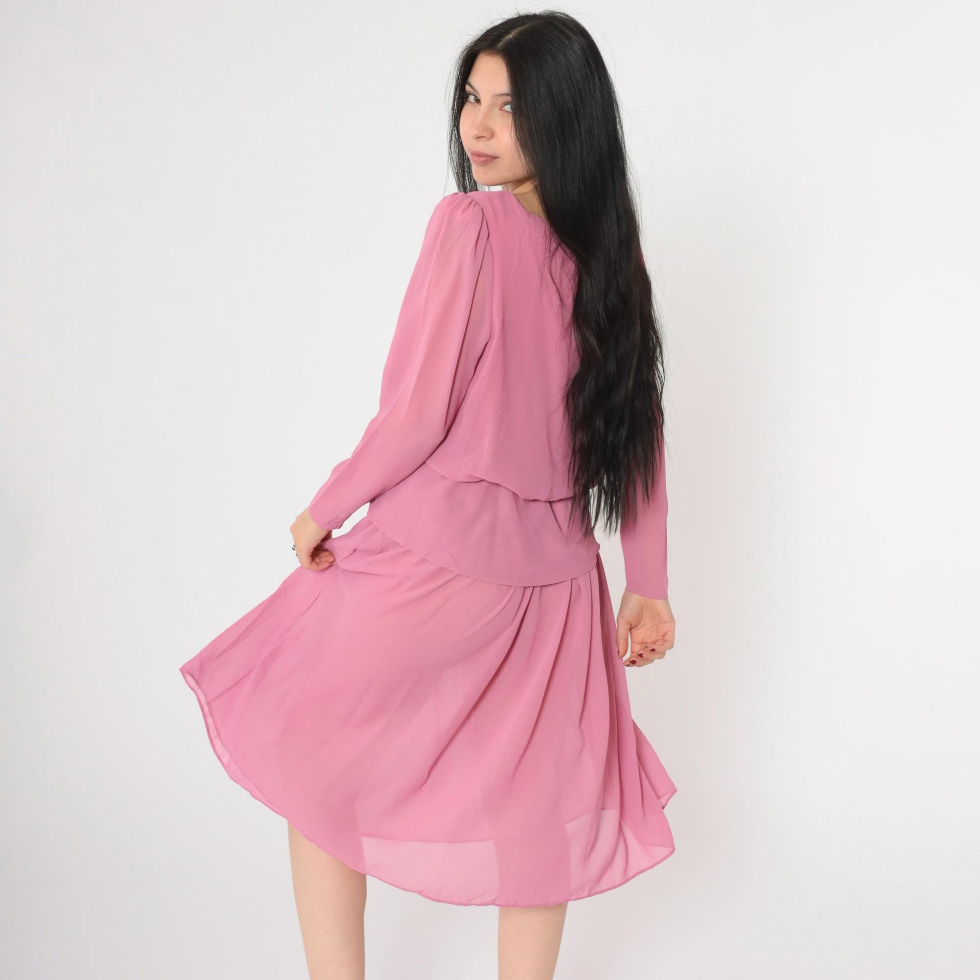 80s Pink Chiffon Midi Dress Puff Sleeve Peplum Waist Long Sleeve Small