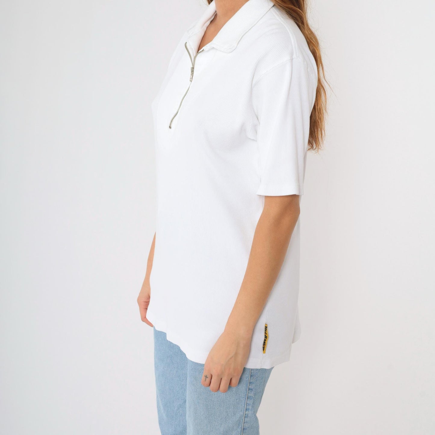 Y2K Ralph Lauren Polo Jeans Quarter-Zip Ribbed Shirt White Cotton Large L