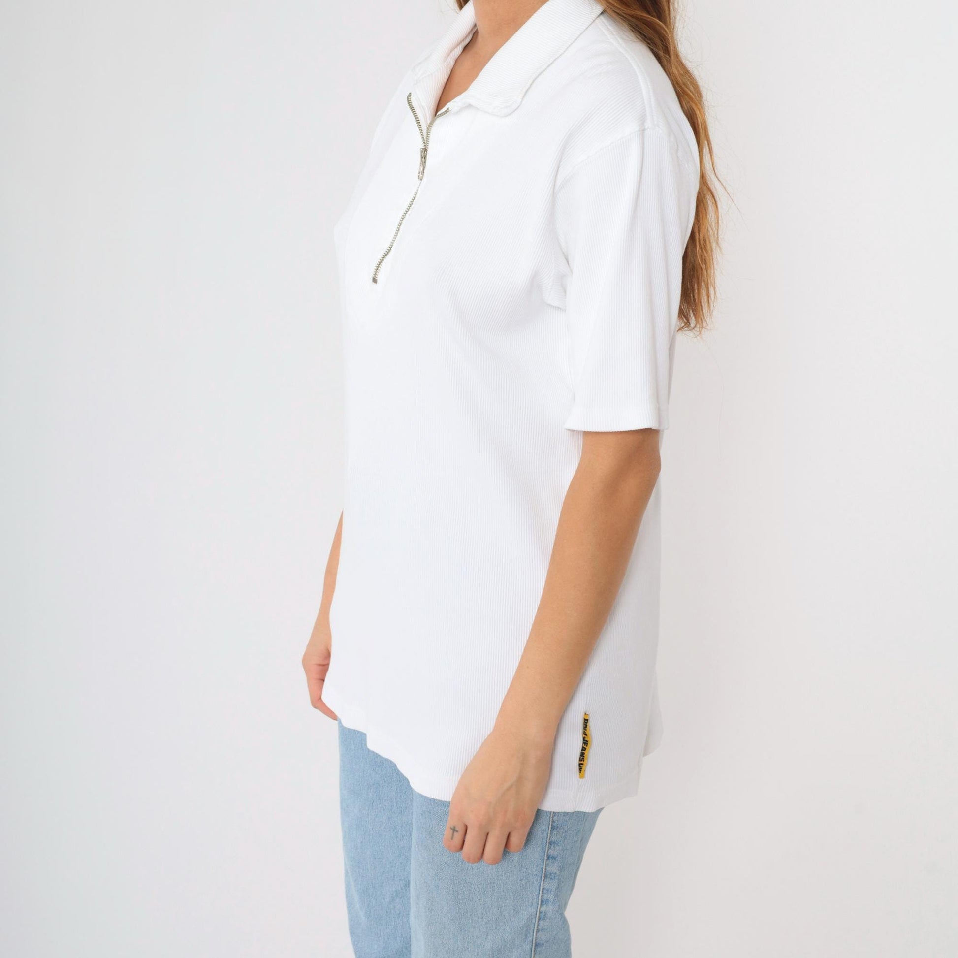 Y2K Ralph Lauren Polo Jeans Quarter-Zip Ribbed Shirt White Cotton Large L