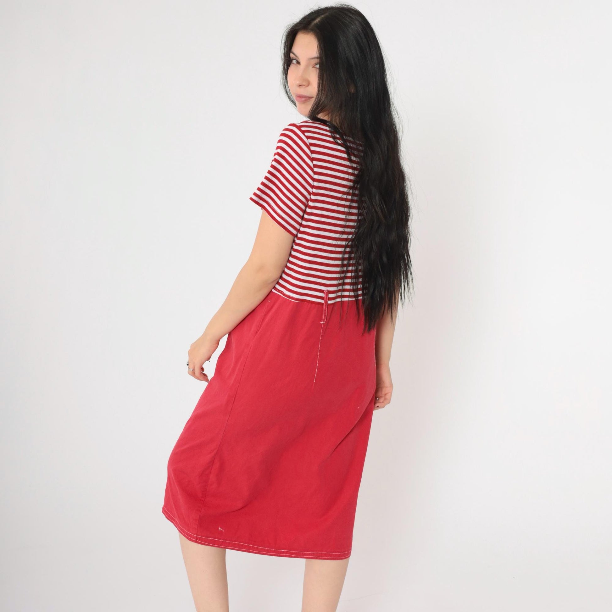 90s Red White Striped Button-Up Midi Dress High Waist Short Sleeve Medium
