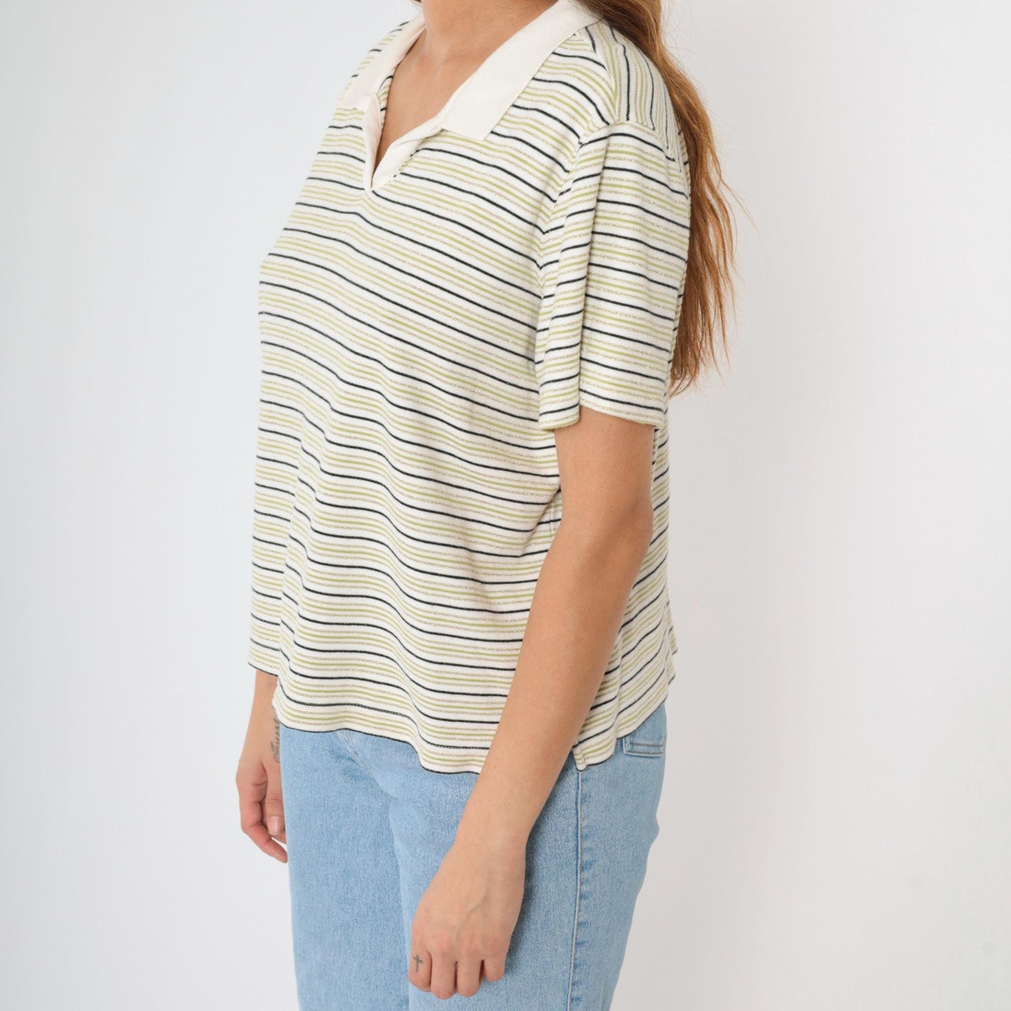Y2K Metallic Striped Johnny Collar Shirt White Gold Green Plus Size XXL