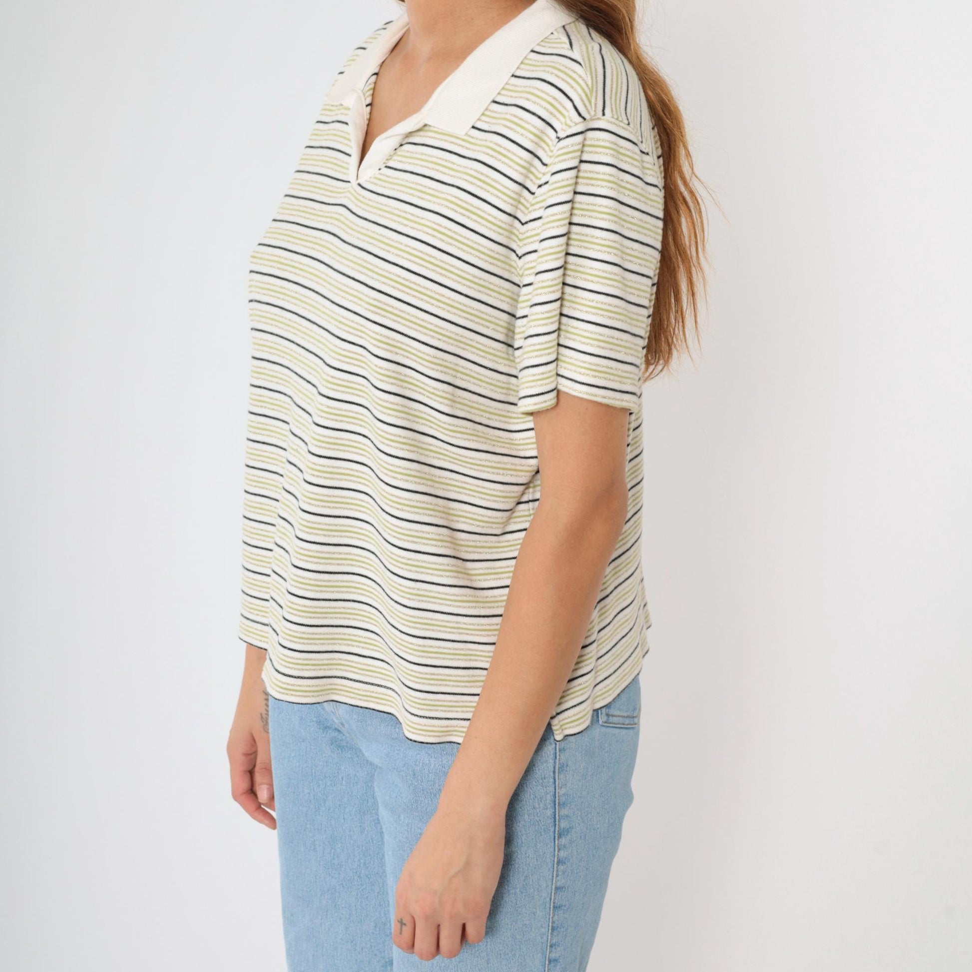 Y2K Metallic Striped Johnny Collar Shirt White Gold Green Plus Size XXL