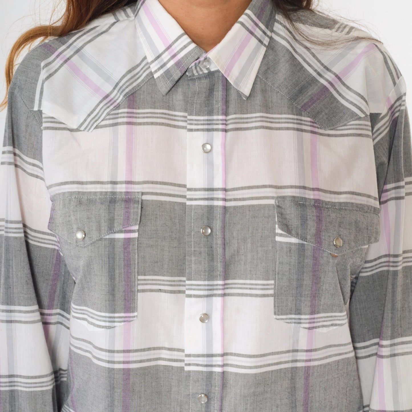 80s Gold Collection by Karman Western Shirt Pearl Snap Plaid Grey Large