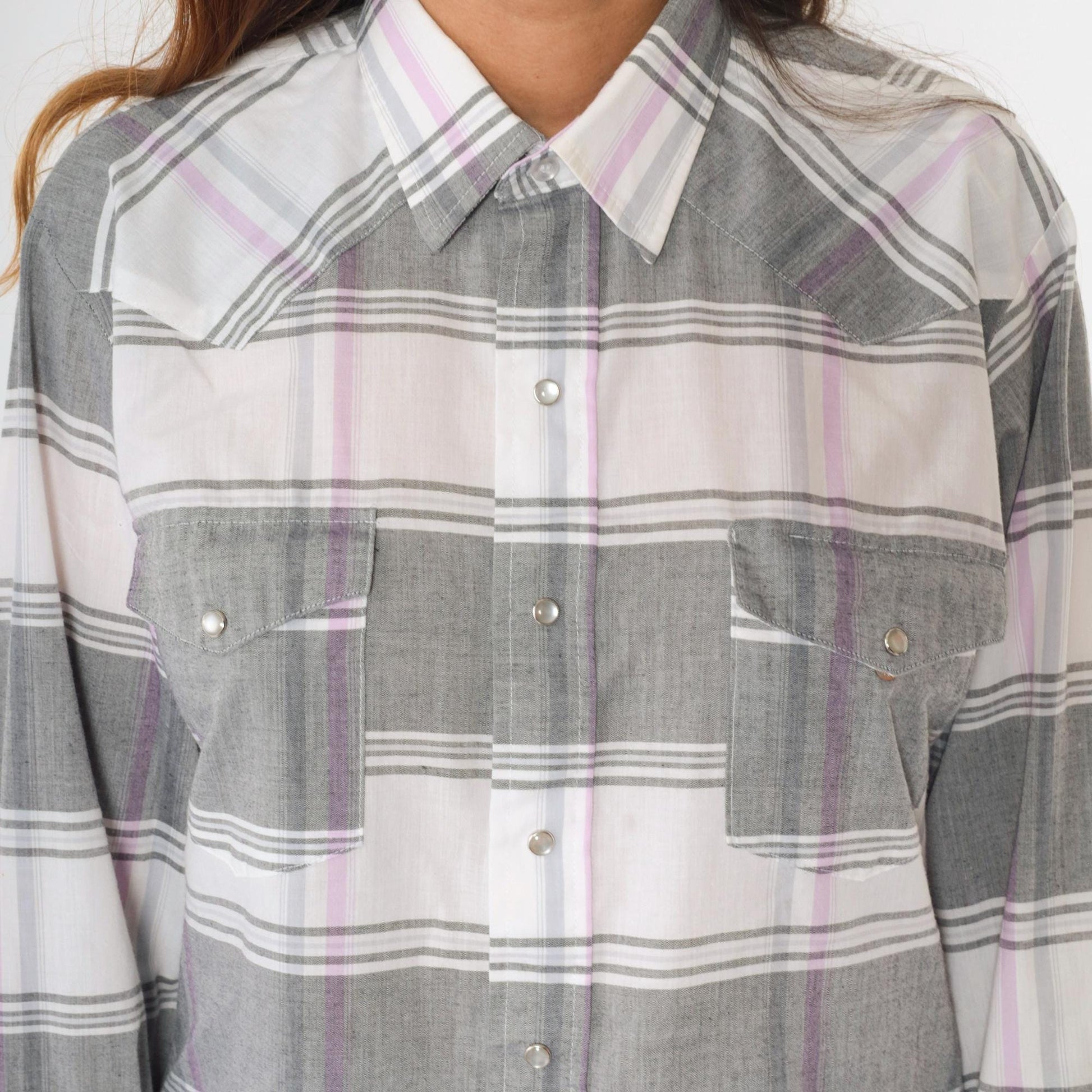 80s Gold Collection by Karman Western Shirt Pearl Snap Plaid Grey Large