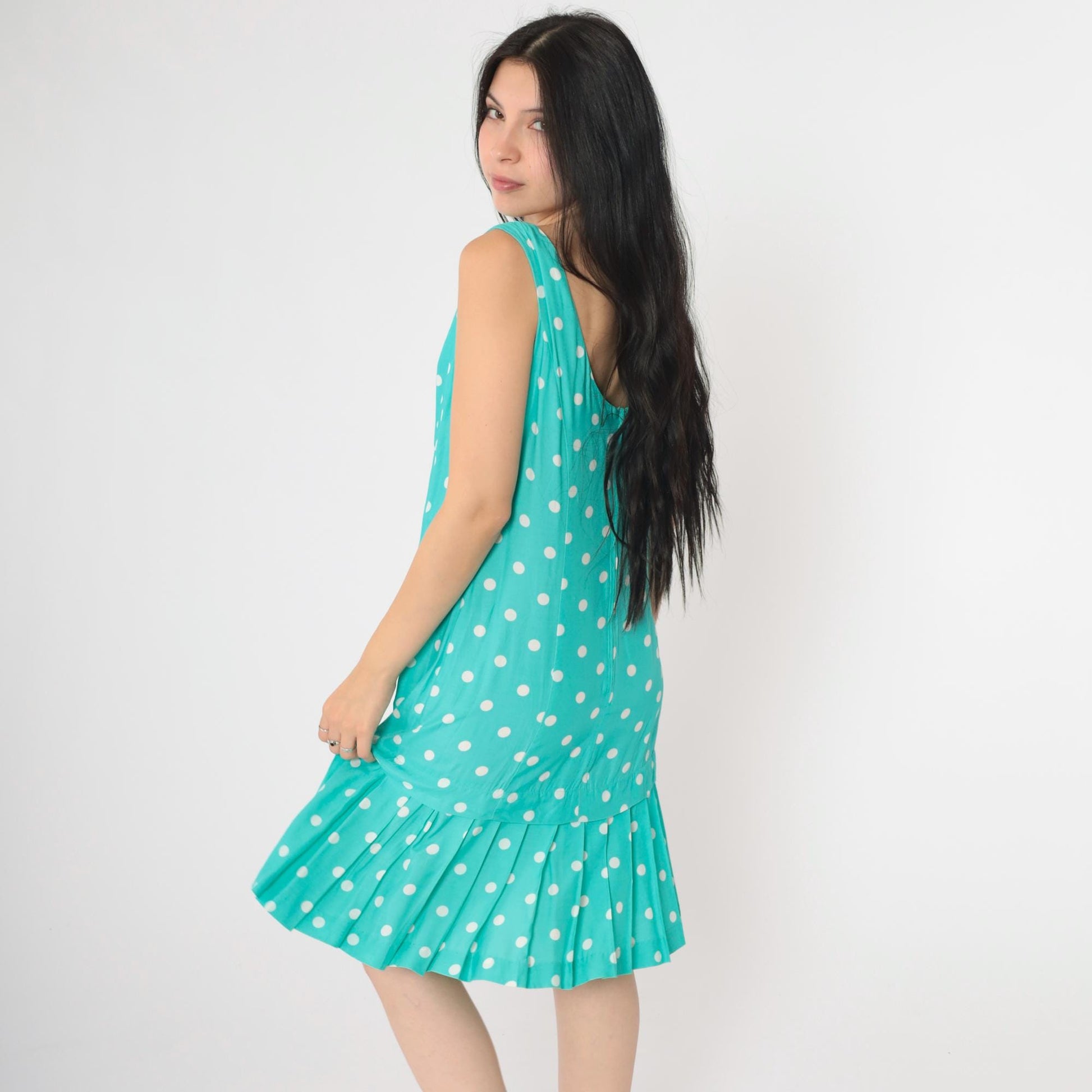 80s Jessica Howard Polka Dot Shift Dress Turquoise Sleeveless Knee Length Medium