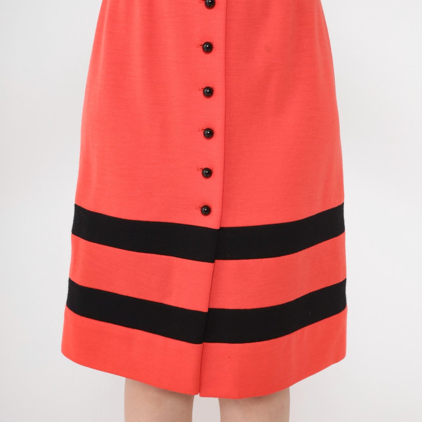 60s Wool Mock Neck Dress Black Orange Striped Knee-Length High Waist Small