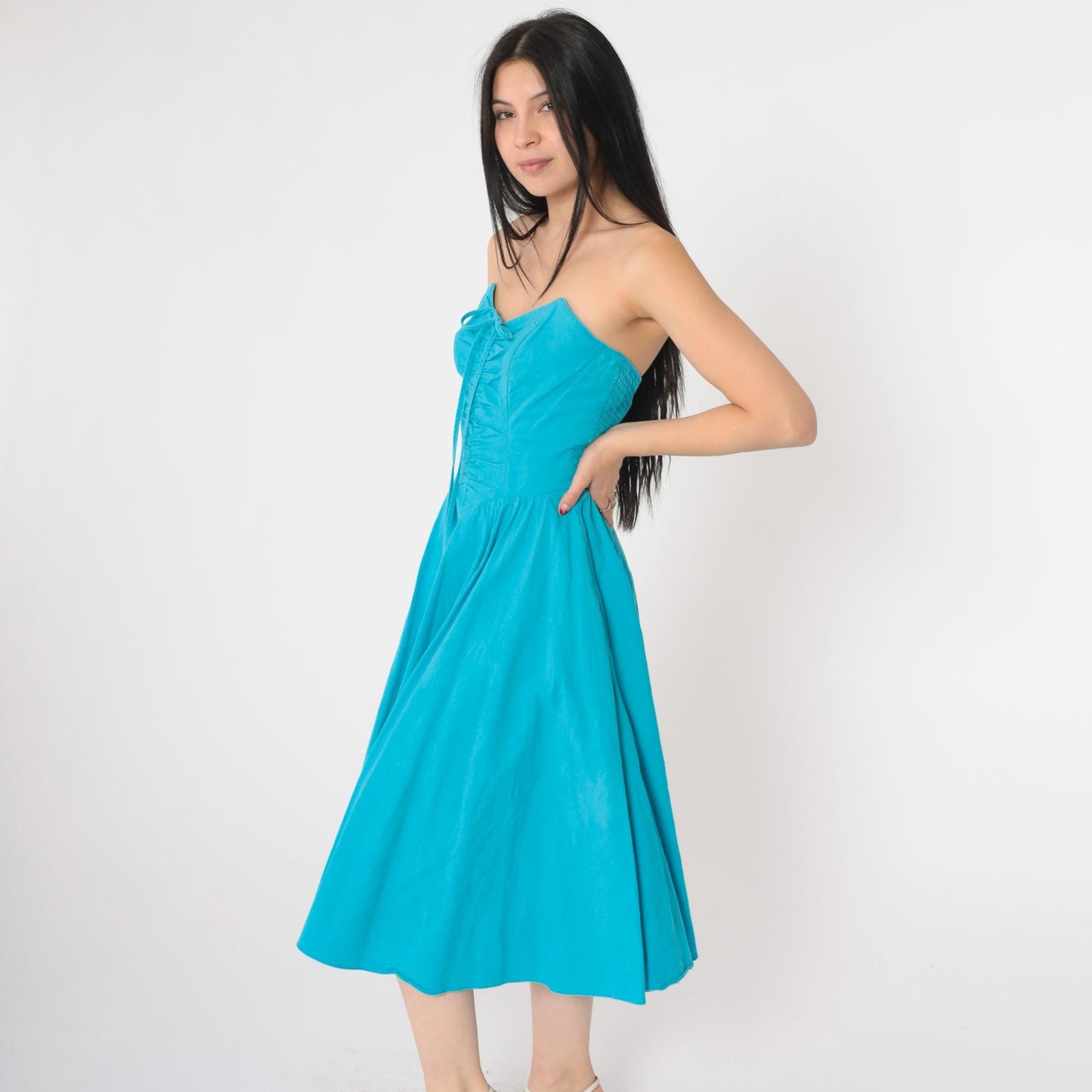 80s Turquoise Strapless Sweetheart Midi Dress Smocked Ruched Cotton Medium