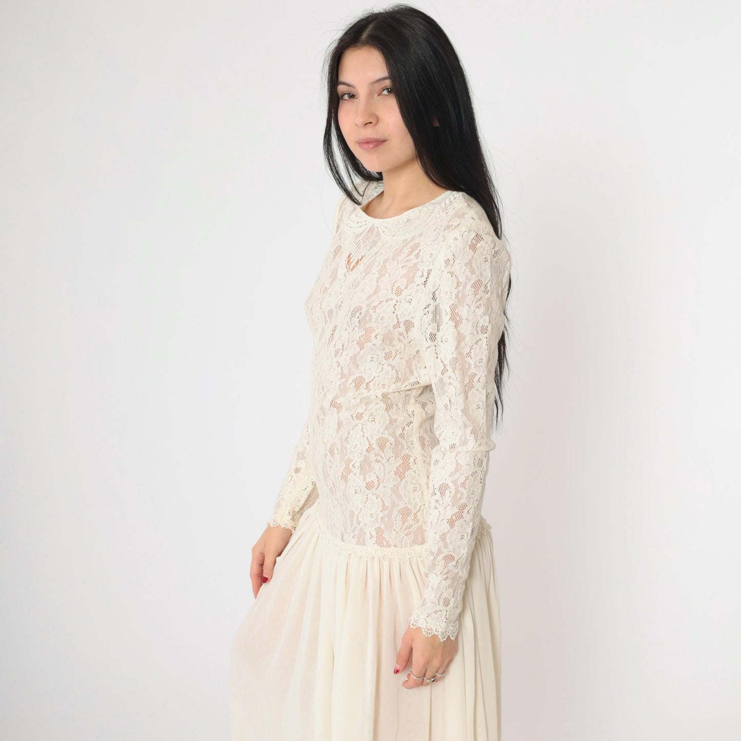 80s Ricki Lang Sheer Lace Maxi Dress Cream Puff Sleeve Drop Waist Medium
