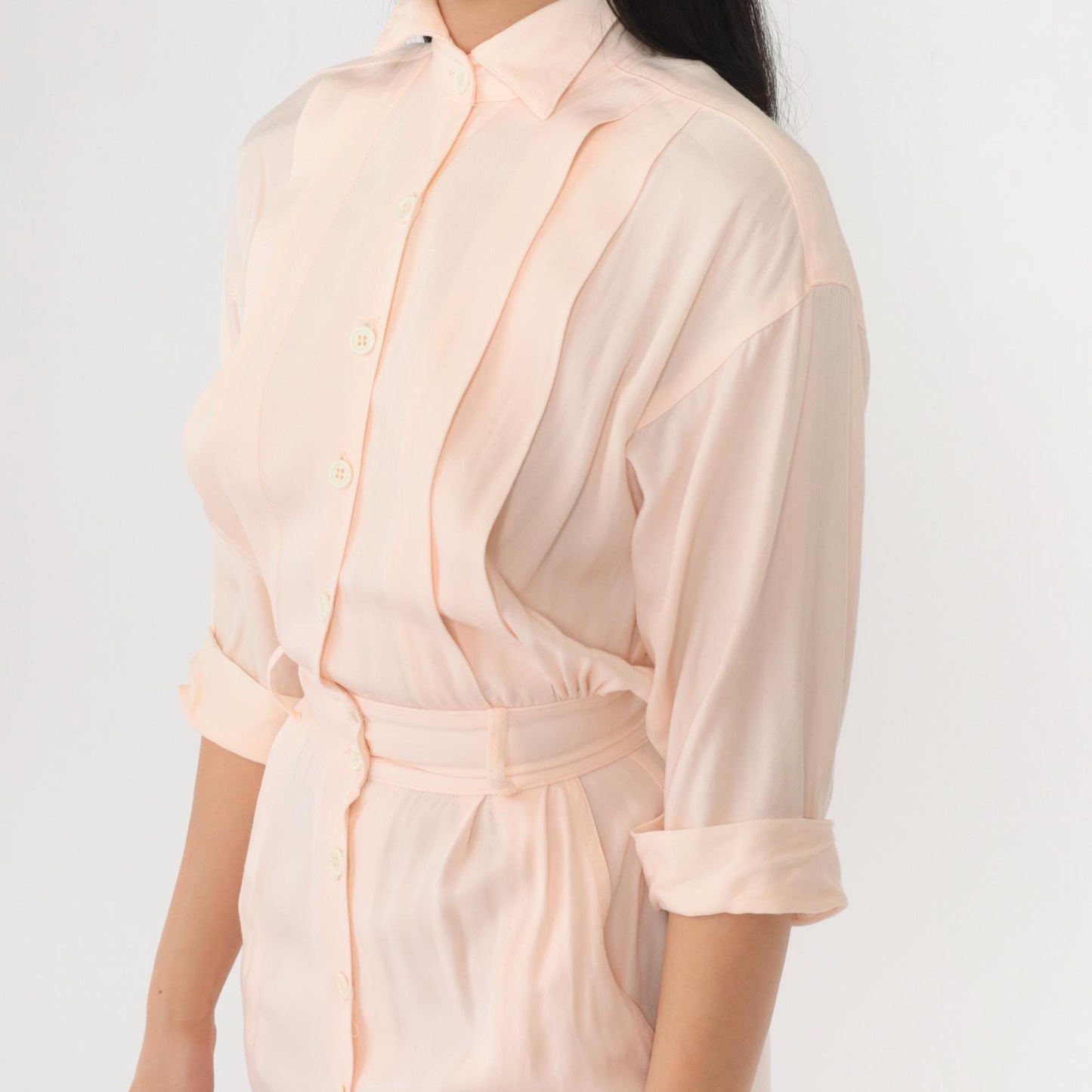 80s Peach Pink Button-Up Midi Dress Cuffed 3/4 Sleeve Pencil Cut XXS