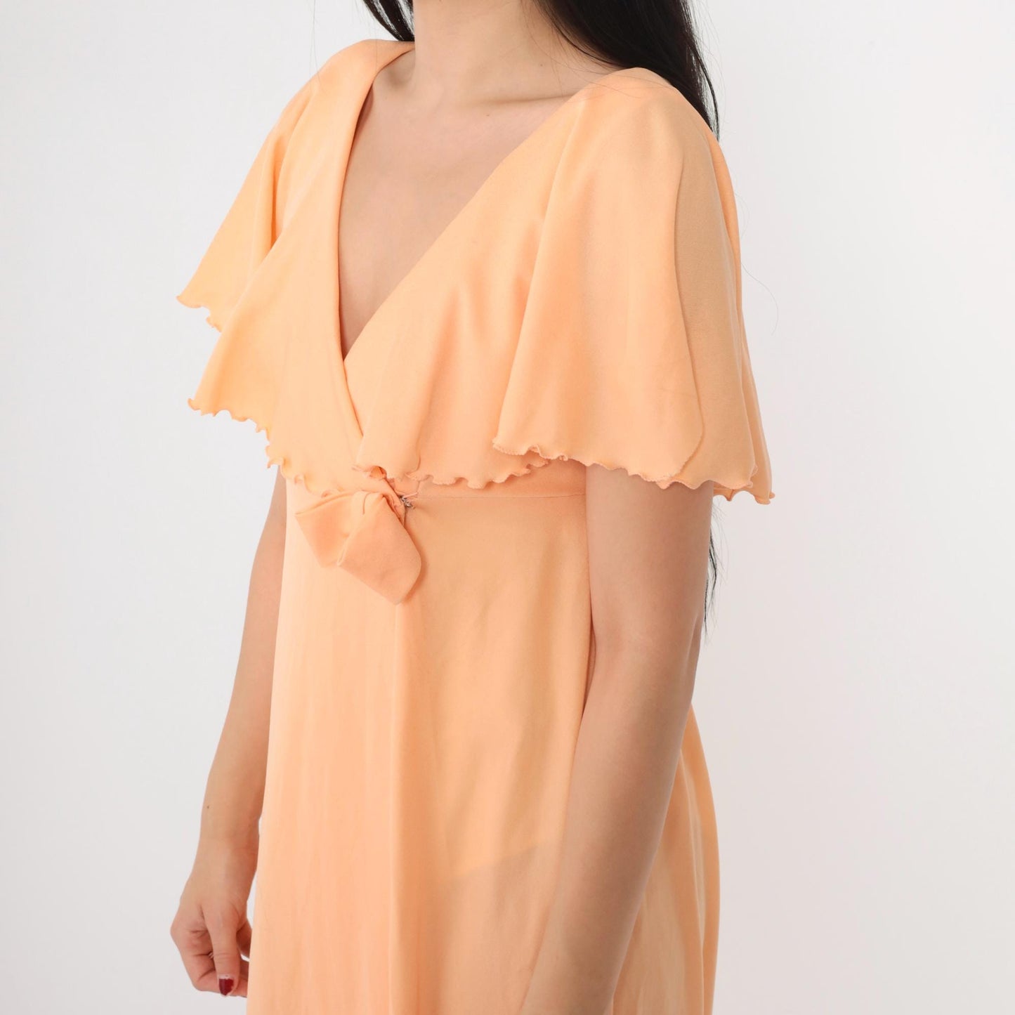 70s Peach Grecian Maxi Dress Empire Waist Capelet Flutter Sleeve Medium