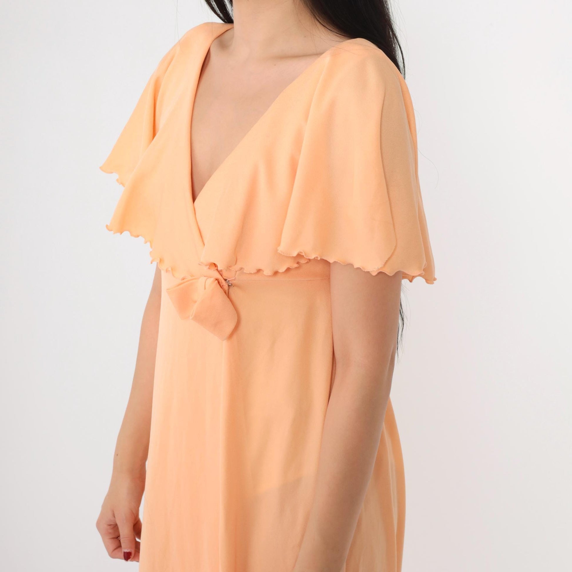 70s Peach Grecian Maxi Dress Empire Waist Capelet Flutter Sleeve Medium