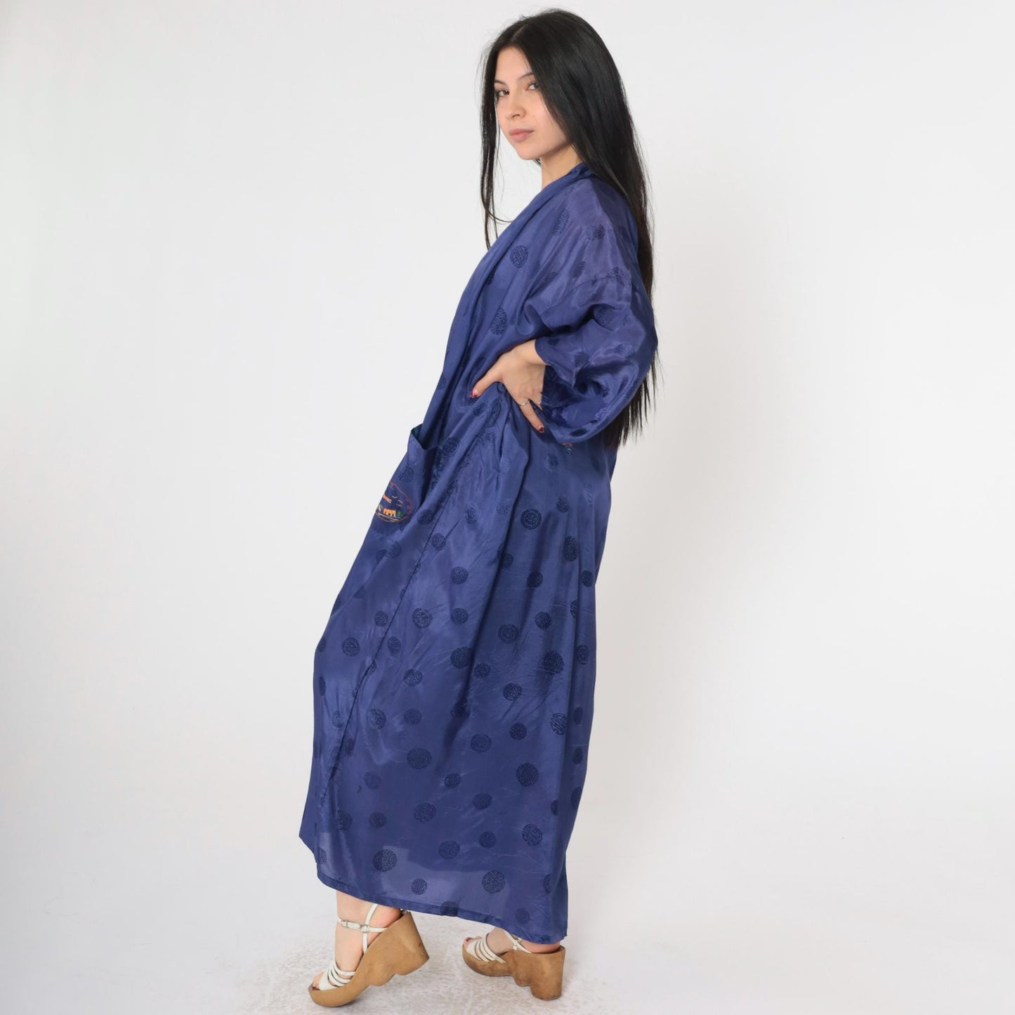 80s Dark Blue Embroidered Japanese Village Kimono Robe Maxi Wrap Extra Large