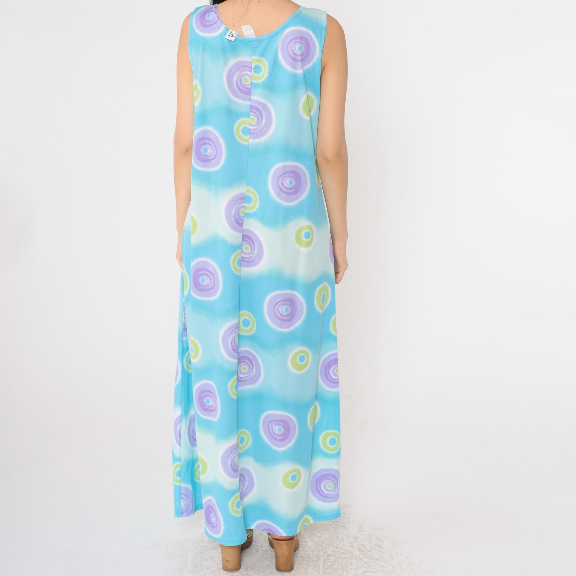 90s Blue Geometric Maxi Dress Sleeveless Shift Pullover Extra Large XXL