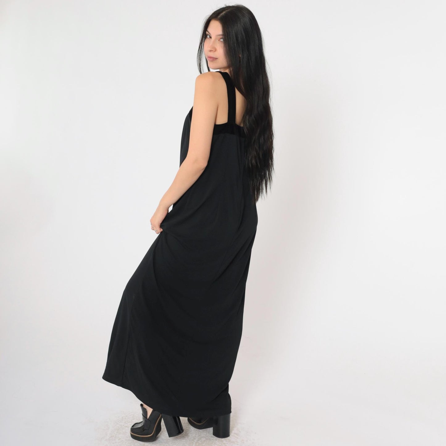 90s Black Velvet Strap Maxi Dress Sleeveless Sheath Front Slit Medium