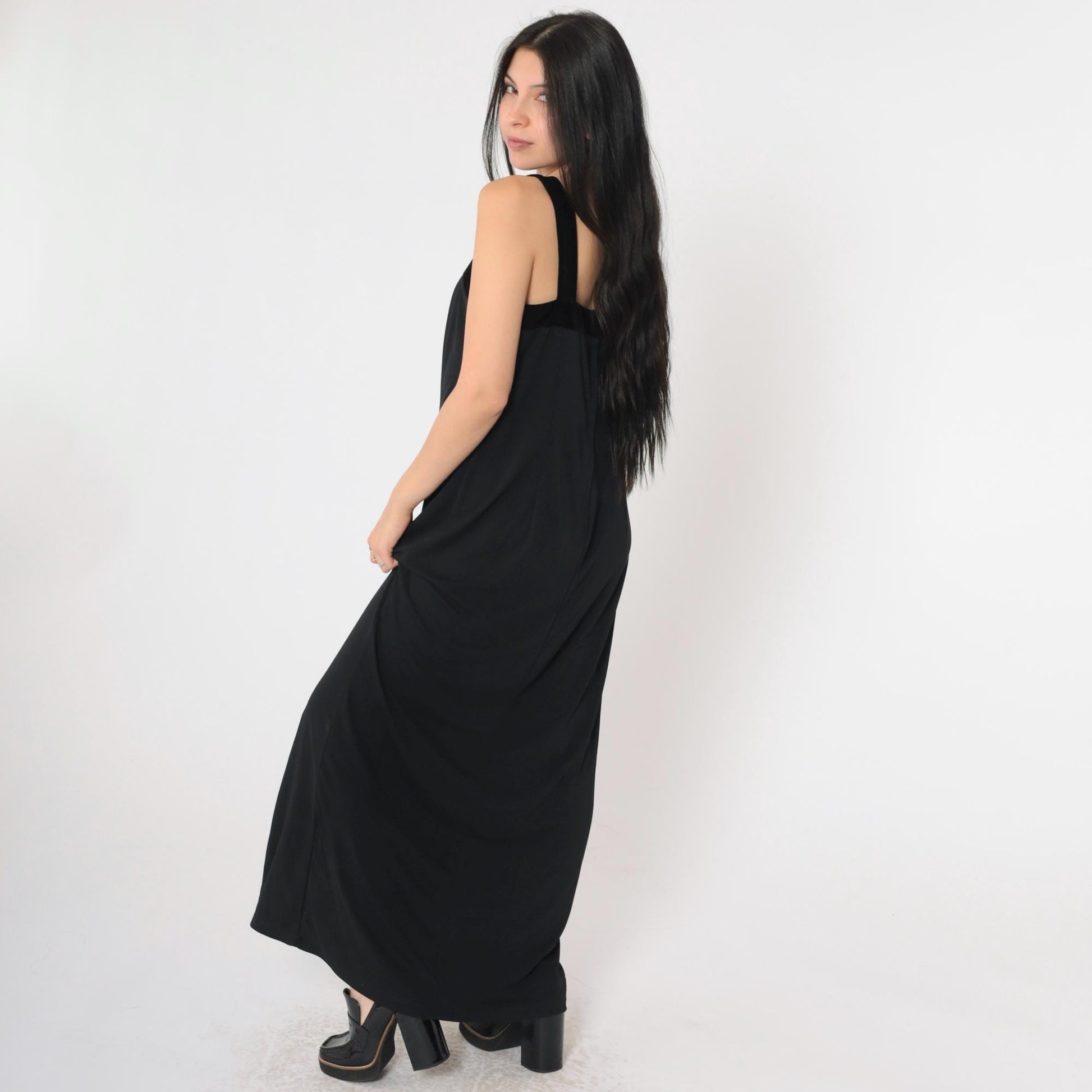 90s Black Velvet Strap Maxi Dress Sleeveless Sheath Front Slit Medium