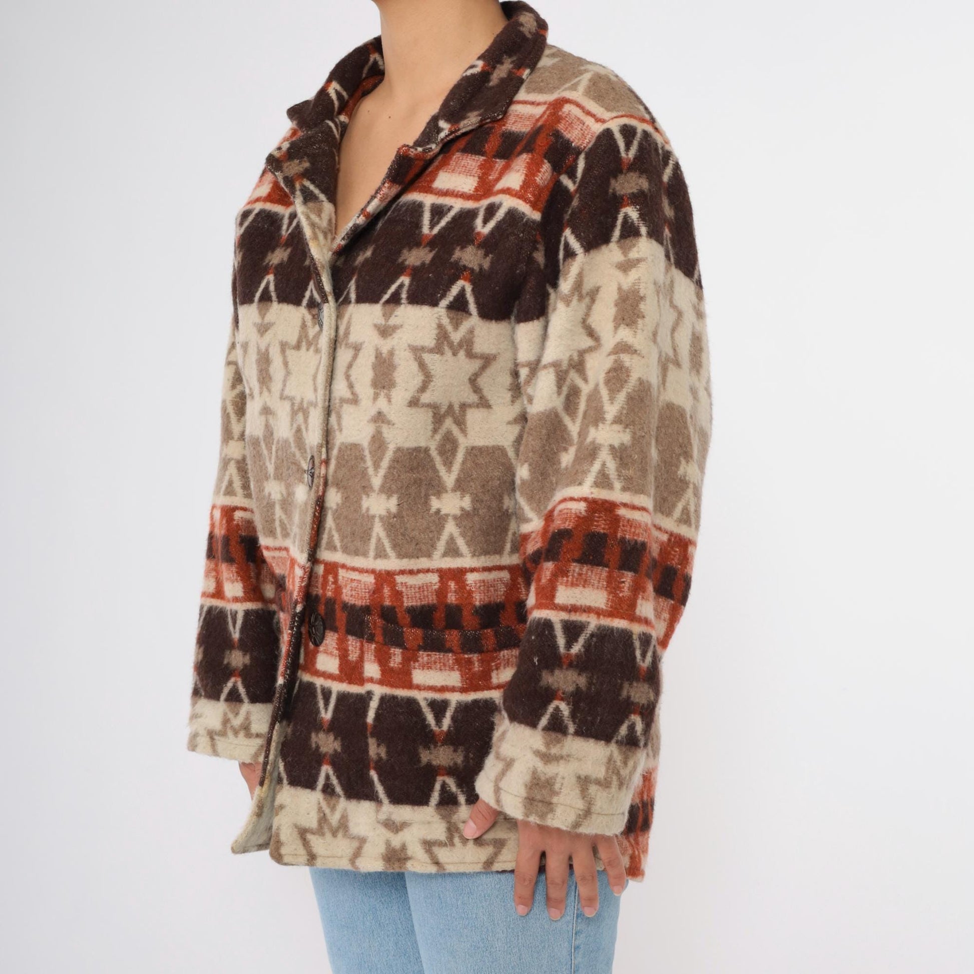 90s Flashback Wool Jacket Southwestern Geometric Star Print Button-Up Large