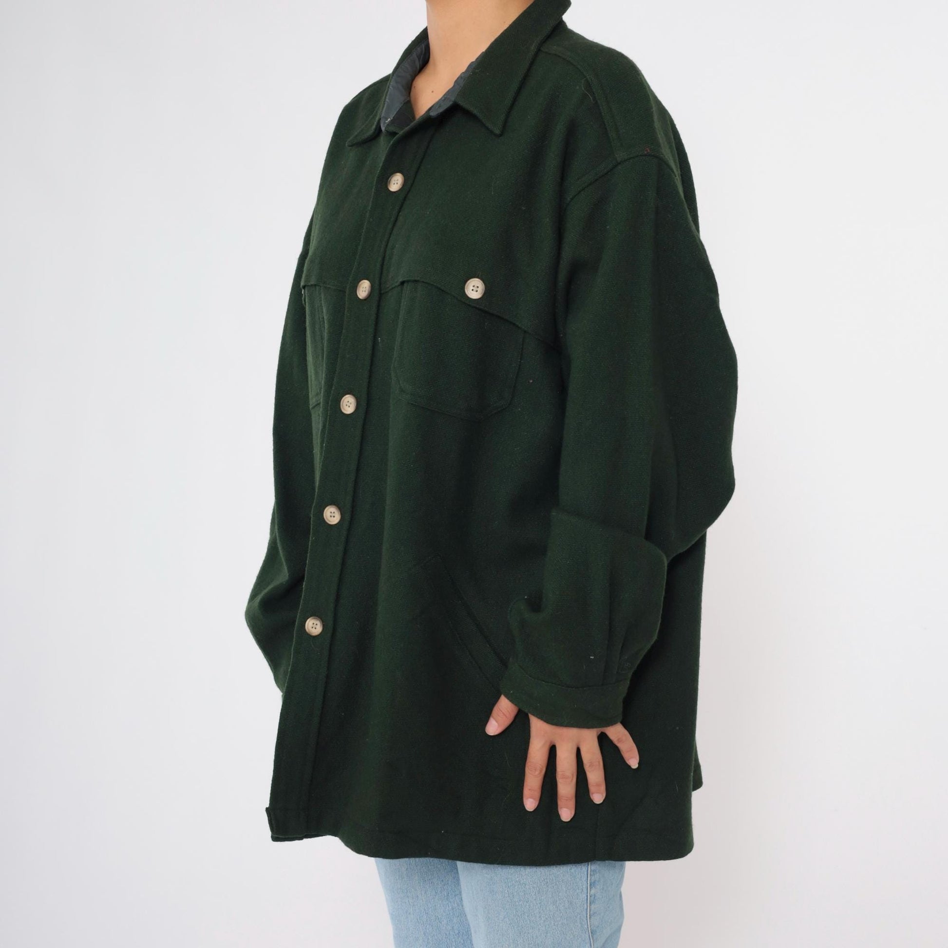 90s Woolrich Wool Shirt Jacket Forest Green Button Up Shacket Men's XXL