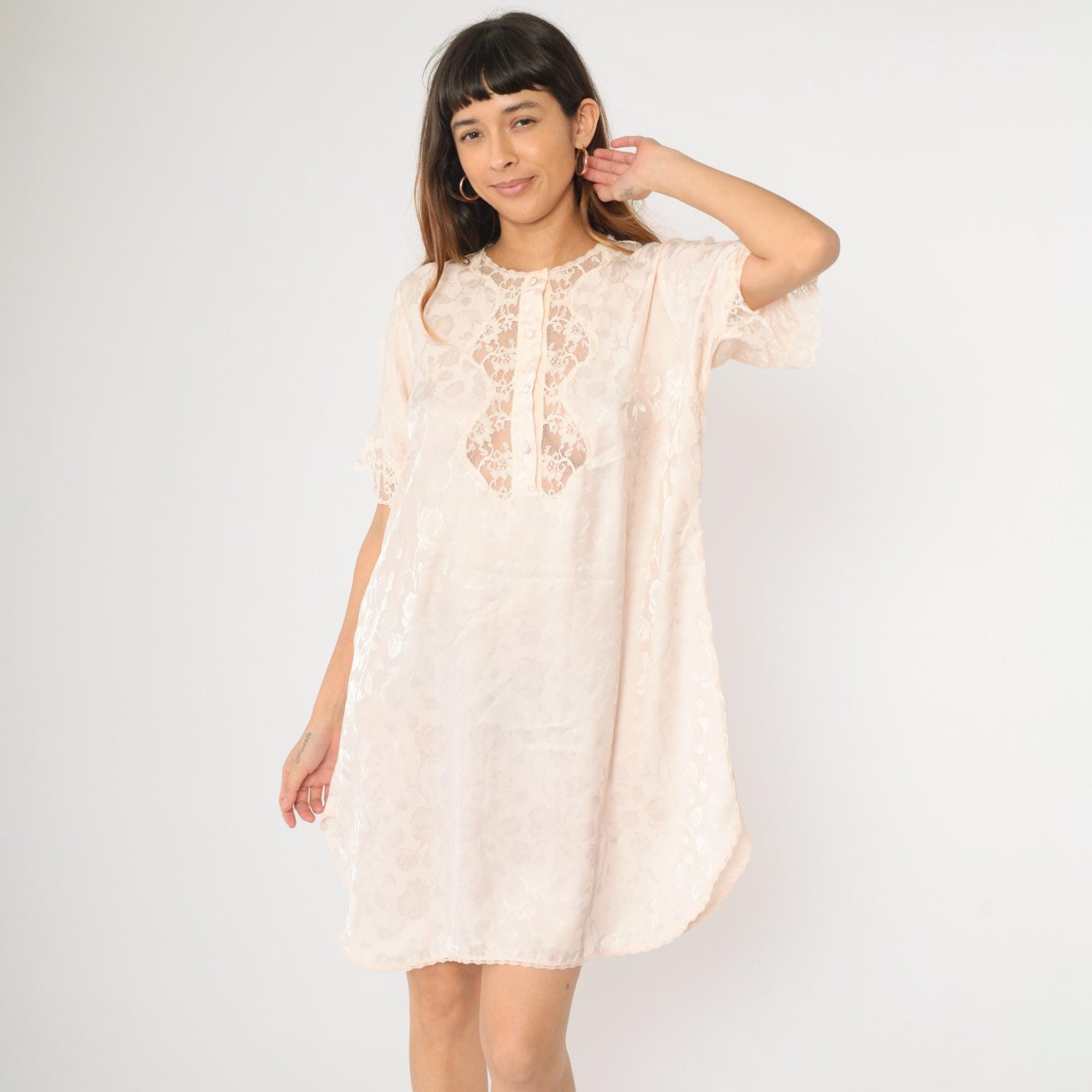 90s Barbizon Baby Pink Floral Embossed Nightgown Lace Trim Mini Large L