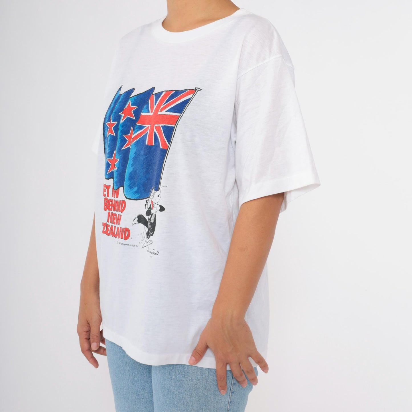 1987 New Zealand Murray Ball Graphic T-Shirt White Rugby Large
