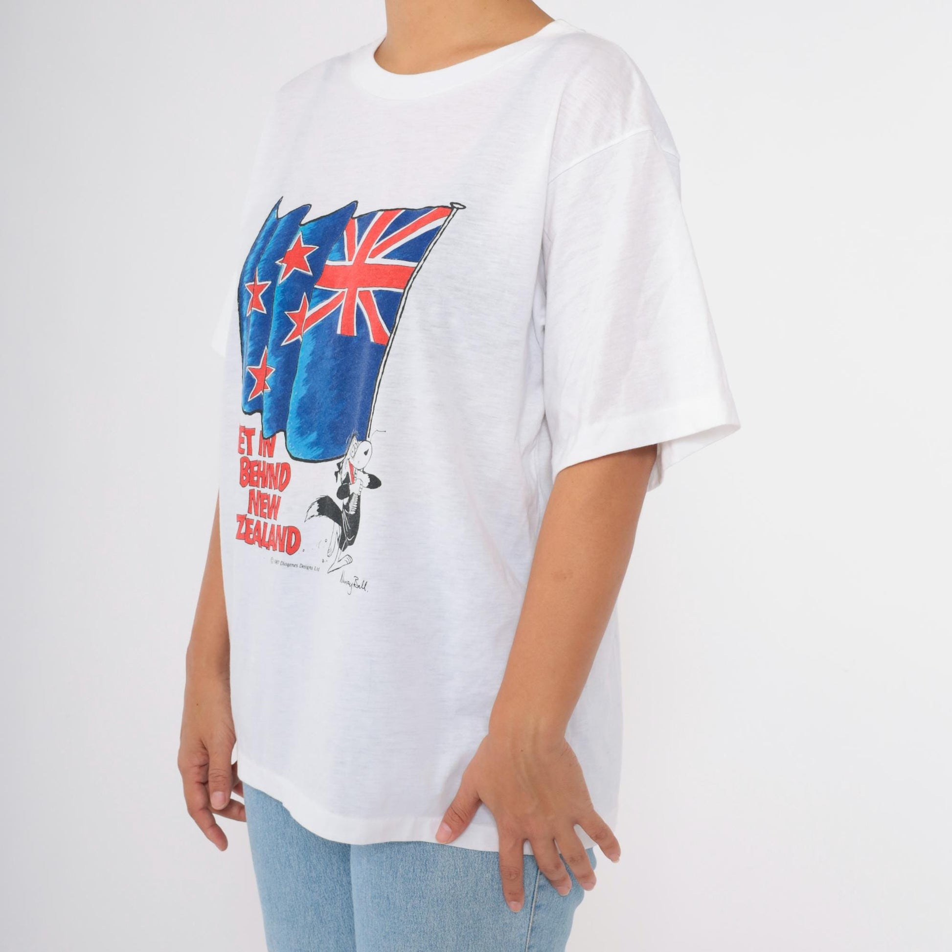1987 New Zealand Murray Ball Graphic T-Shirt White Rugby Large