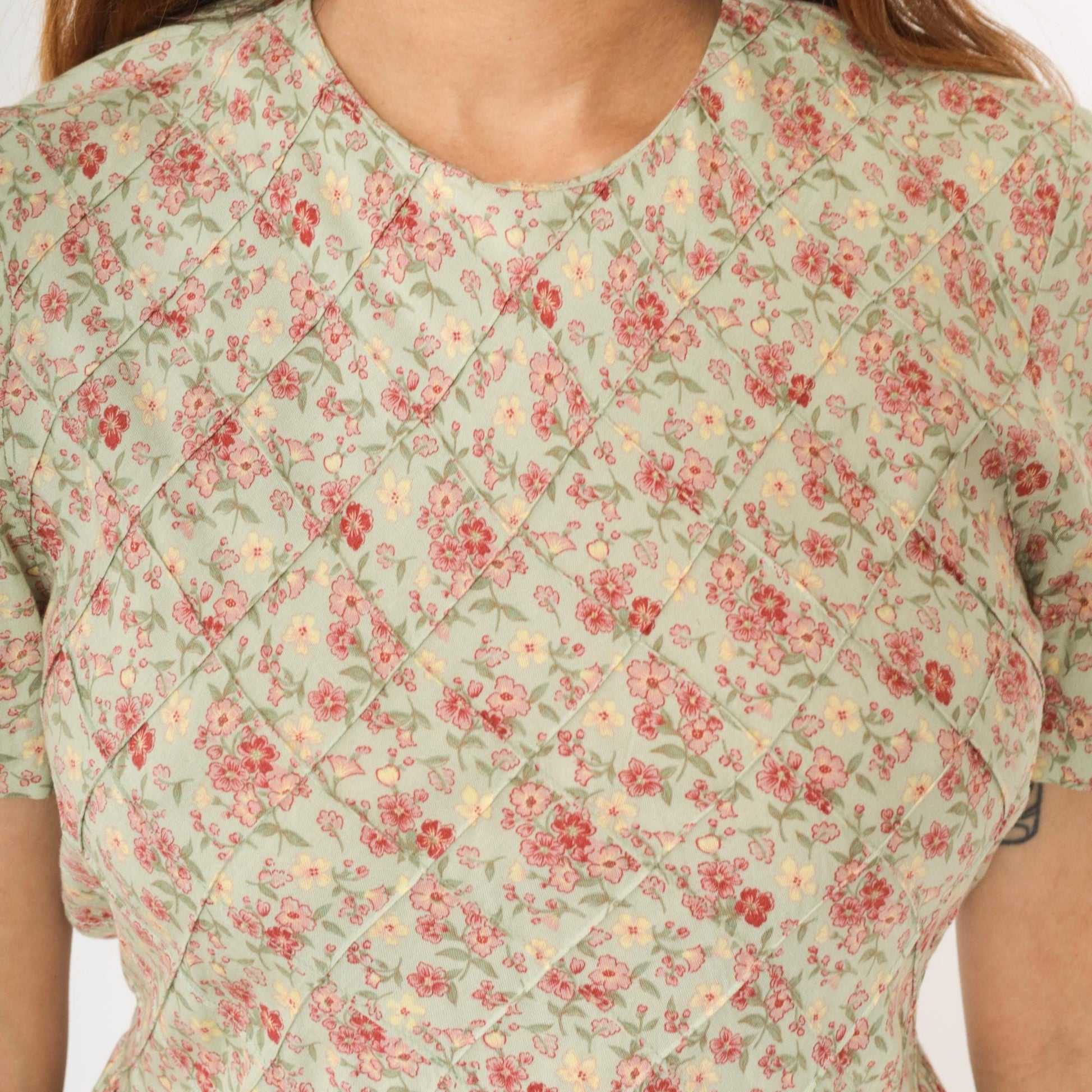 90s Betsy Lauren Petites Floral Midi Dress Pastel Green Pink Pintuck Small