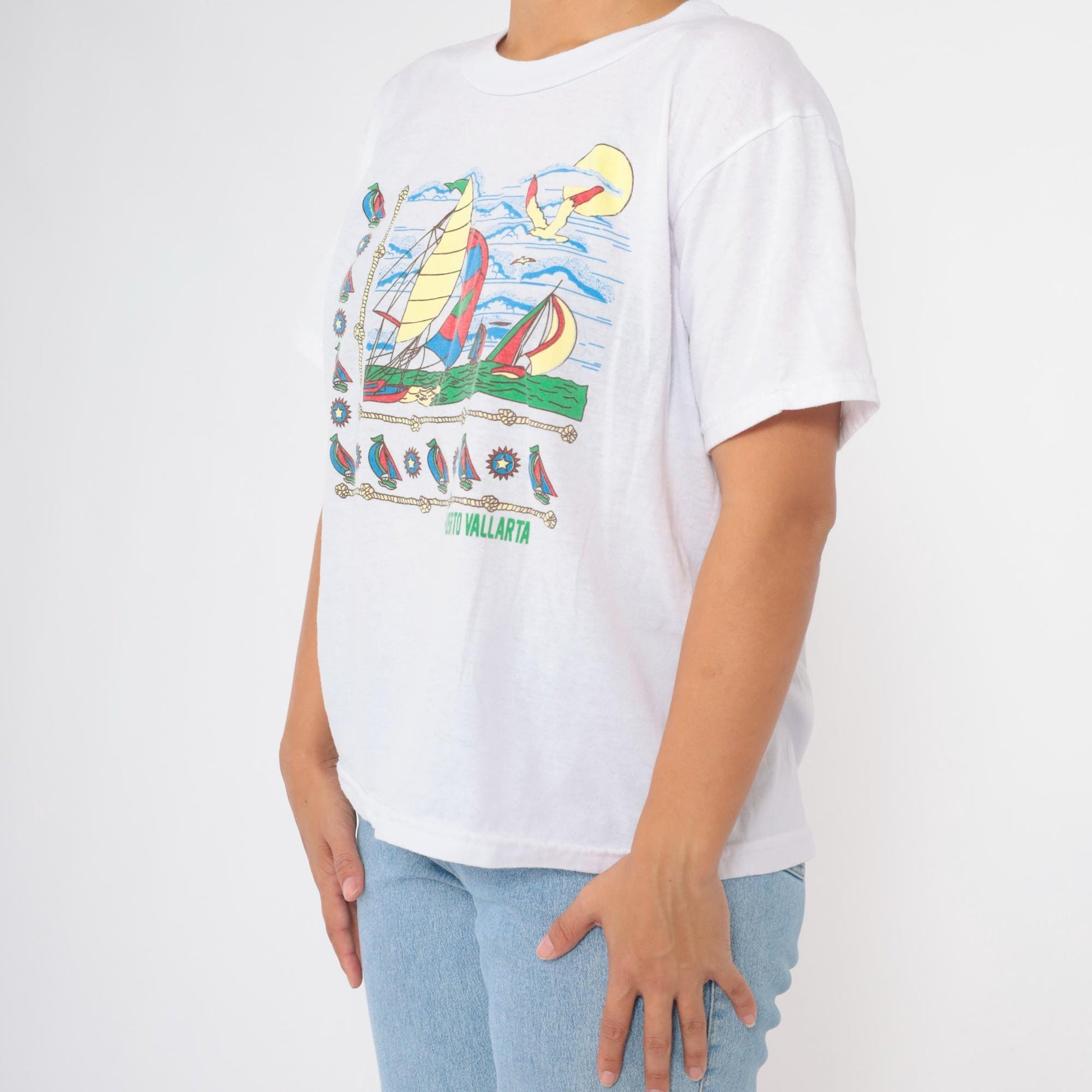 90s Puerto Vallarta Mexico Nautical Sailboat Graphic T-Shirt White Large