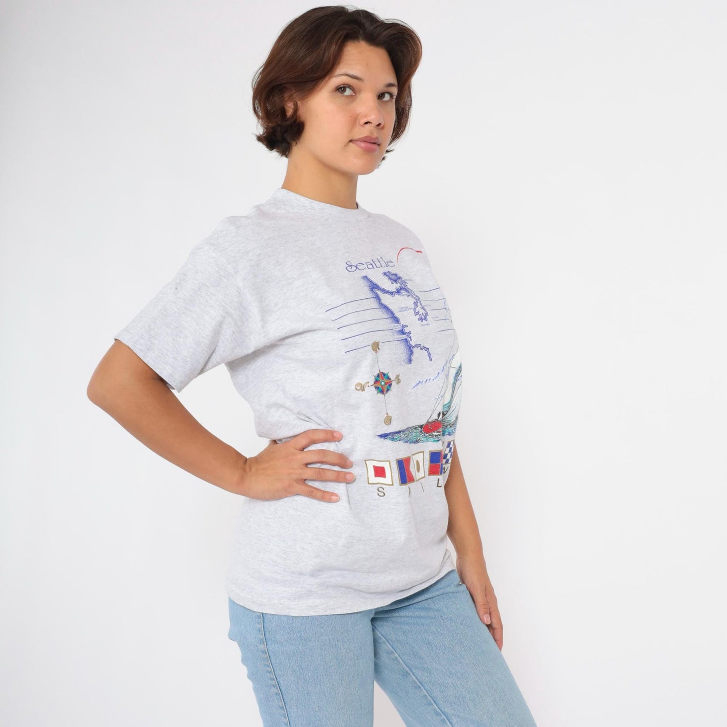 90s Seattle Sailing Graphic T-Shirt Sailboat Print Grey Cotton Medium