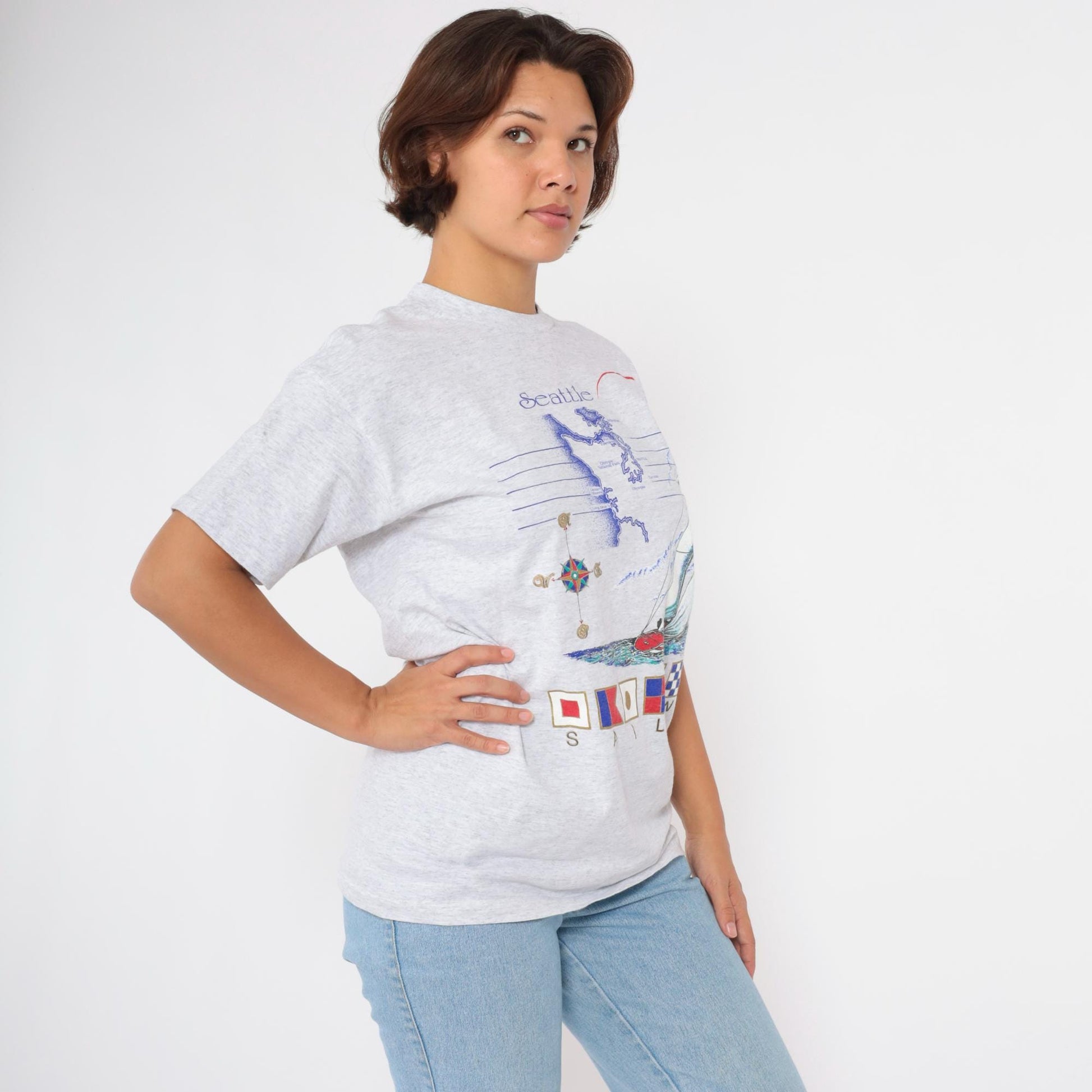 90s Seattle Sailing Graphic T-Shirt Sailboat Print Grey Cotton Medium