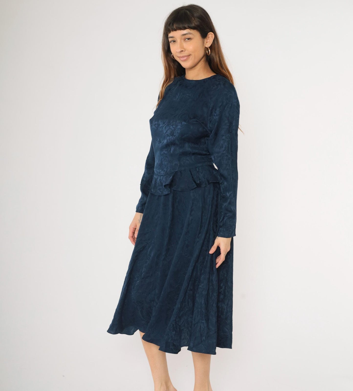 90s Argenti Navy Silk Midi Dress Floral Jacquard Peplum Raglan Medium M
