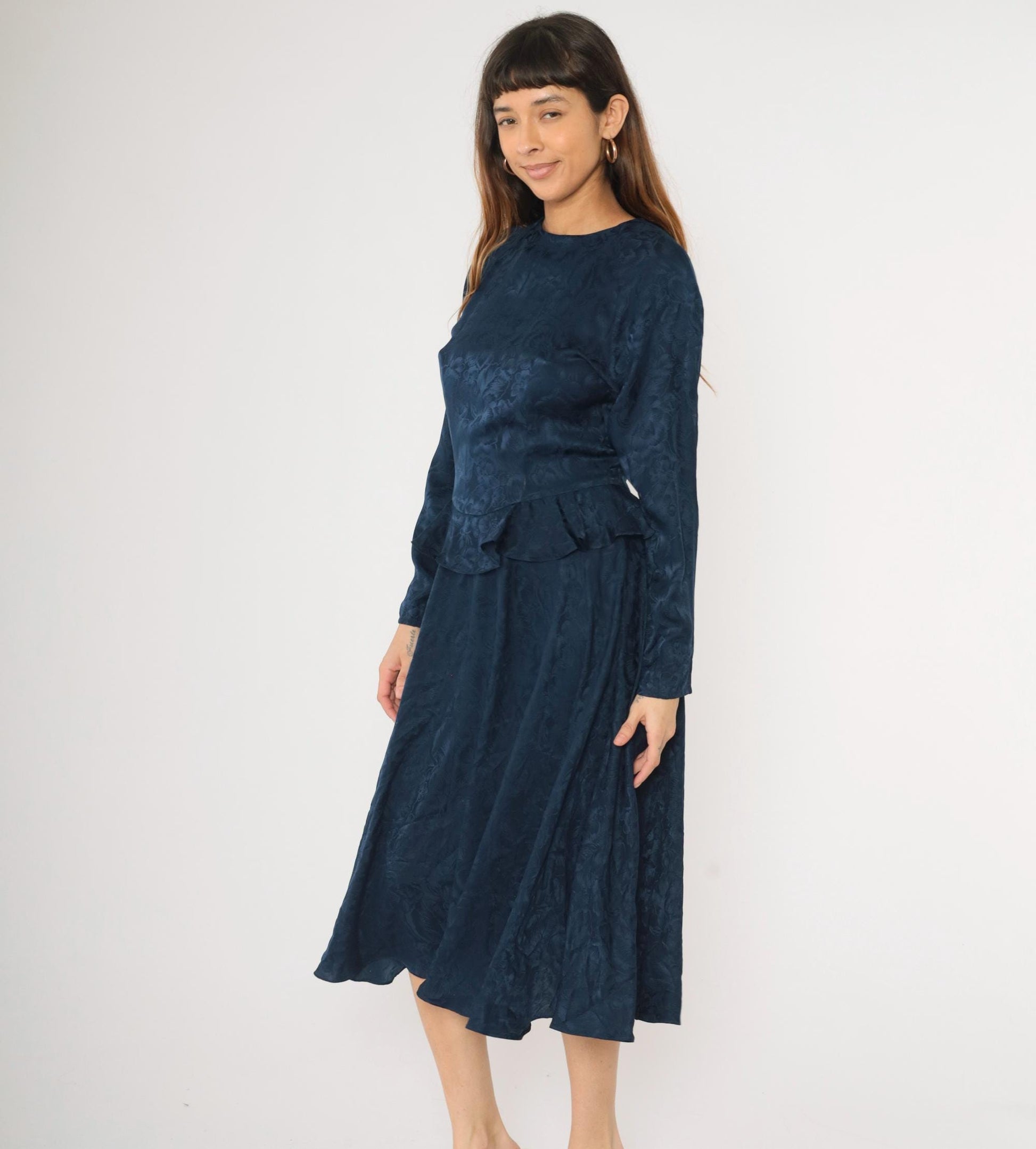 90s Argenti Navy Silk Midi Dress Floral Jacquard Peplum Raglan Medium M