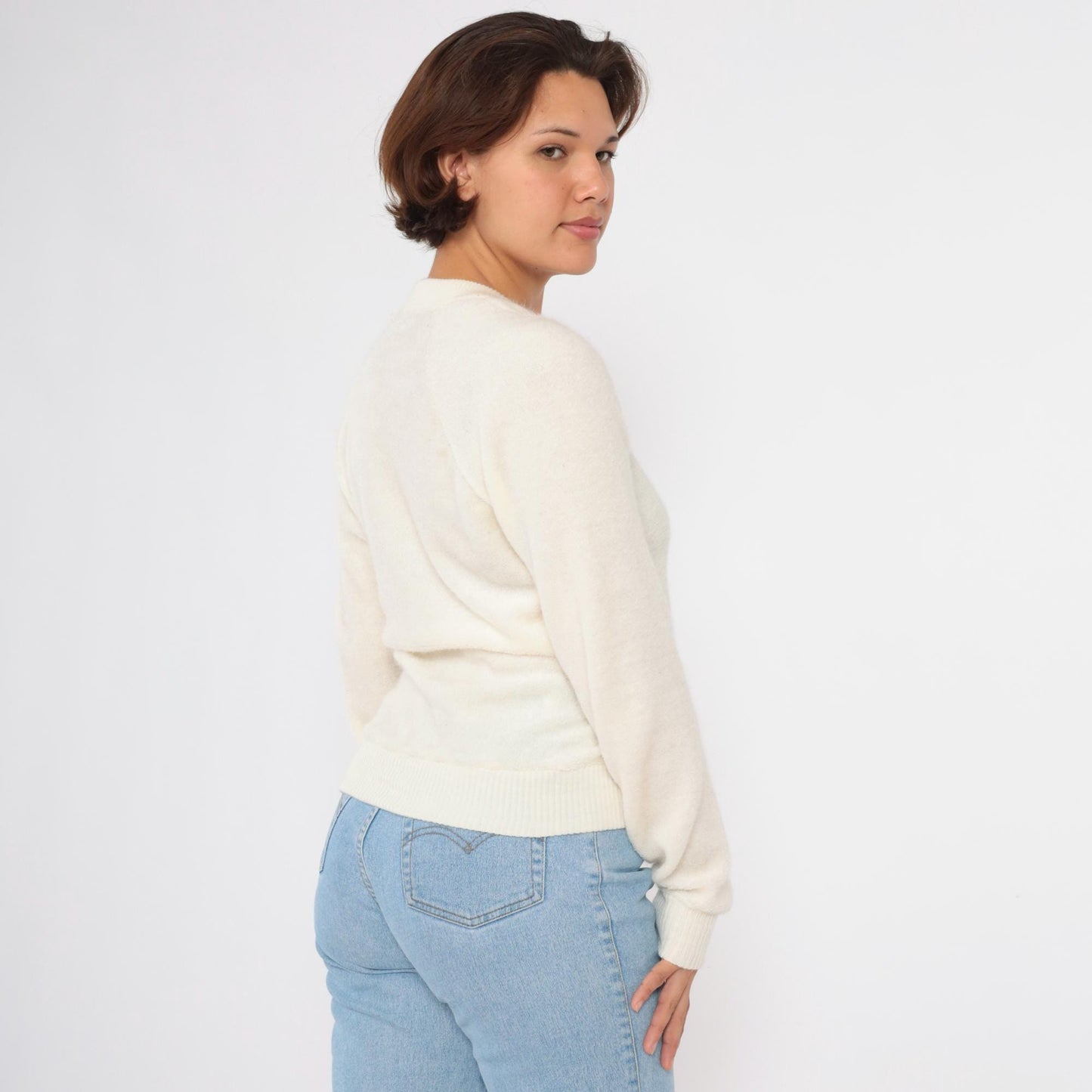 80s Terry Cloth V-Neck Sweatshirt Cream Raglan Sleeve Small