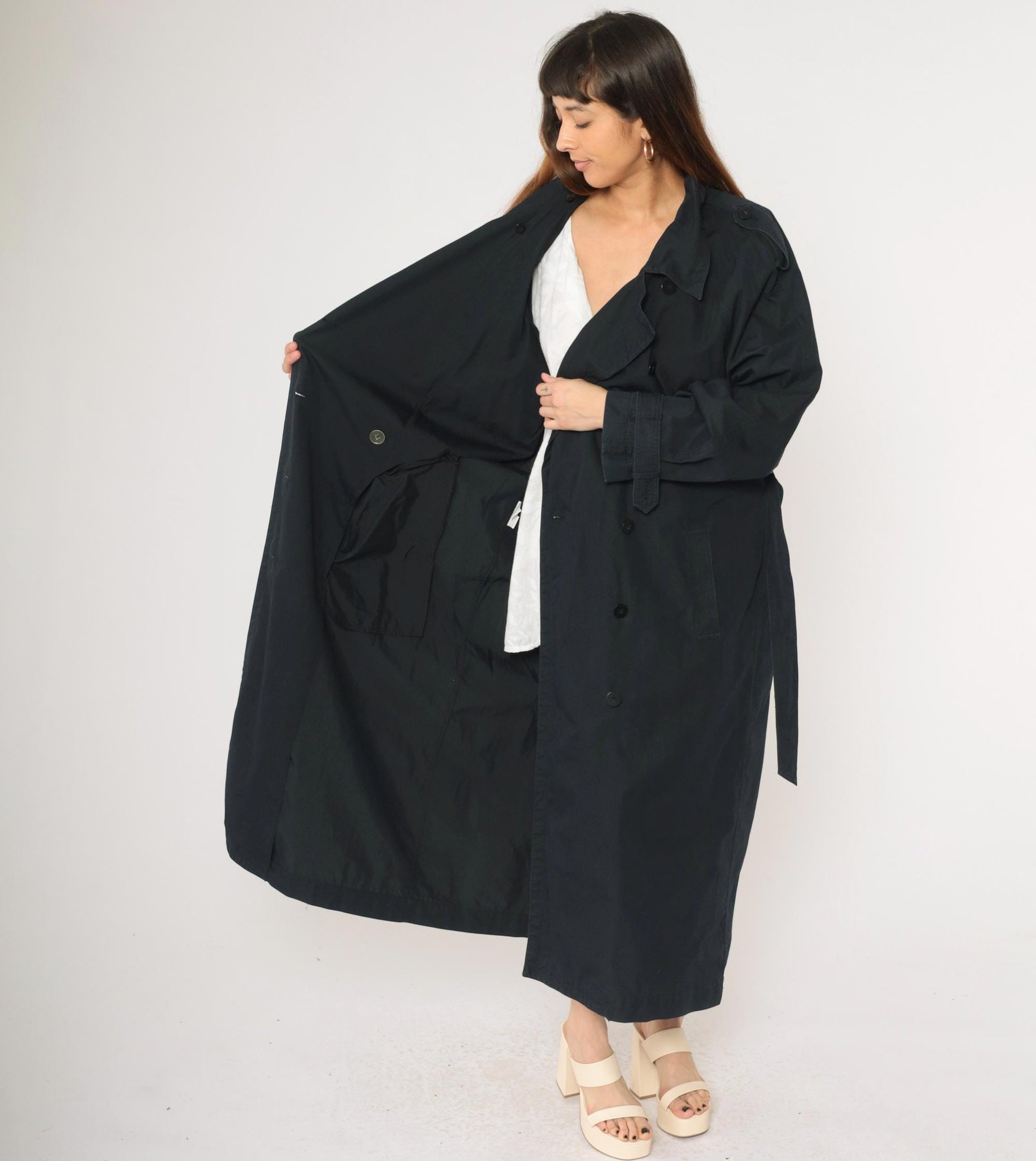 90s Liz Claiborne Black Trench Coat Double Breasted Belted Maxi Large L